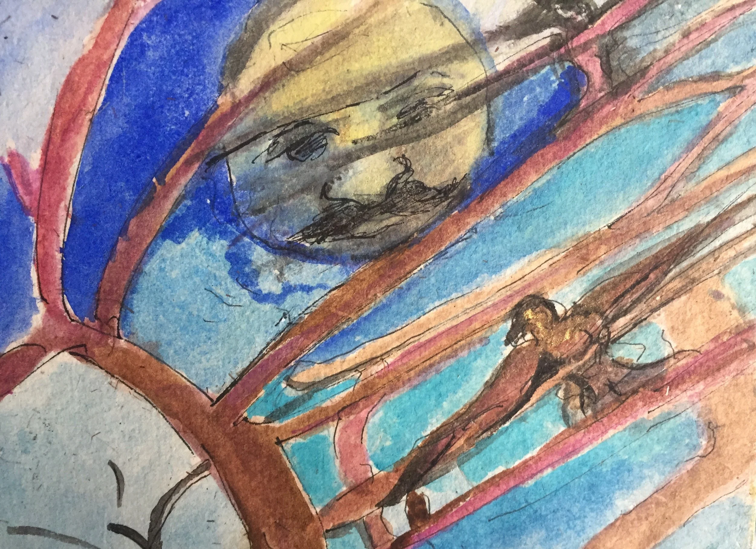 "Meher Baba Is the Man In the Moon" 2021, Watercolor on handmade paper from India