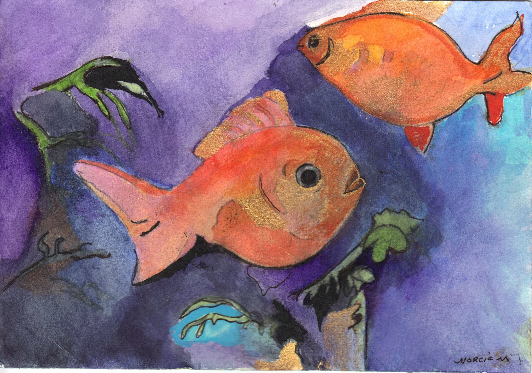 "Two Gold Fish" 2014, Watercolor on paper
