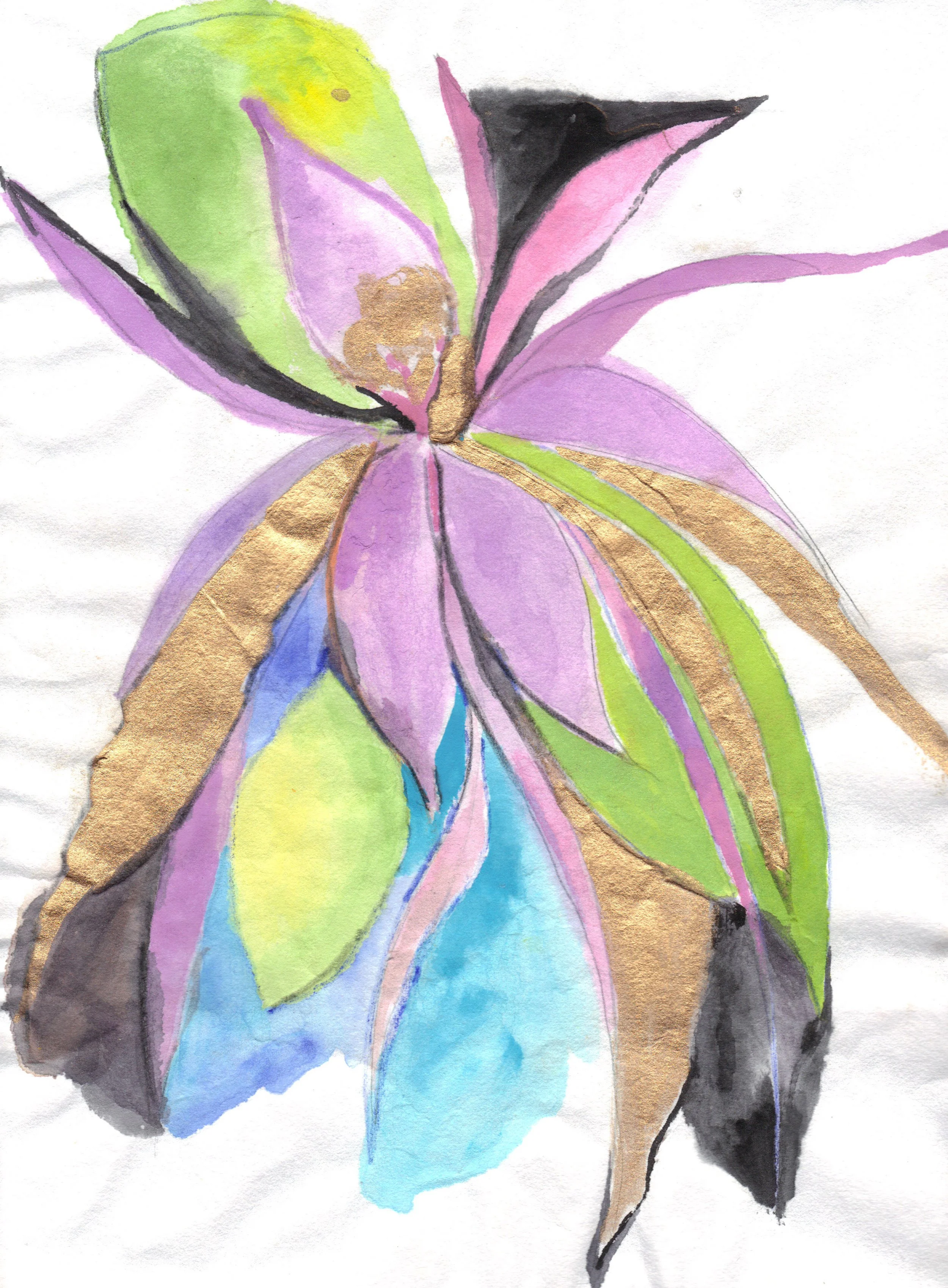 "Pink and Gold Flower 2" 2014, Watercolor on rice paper