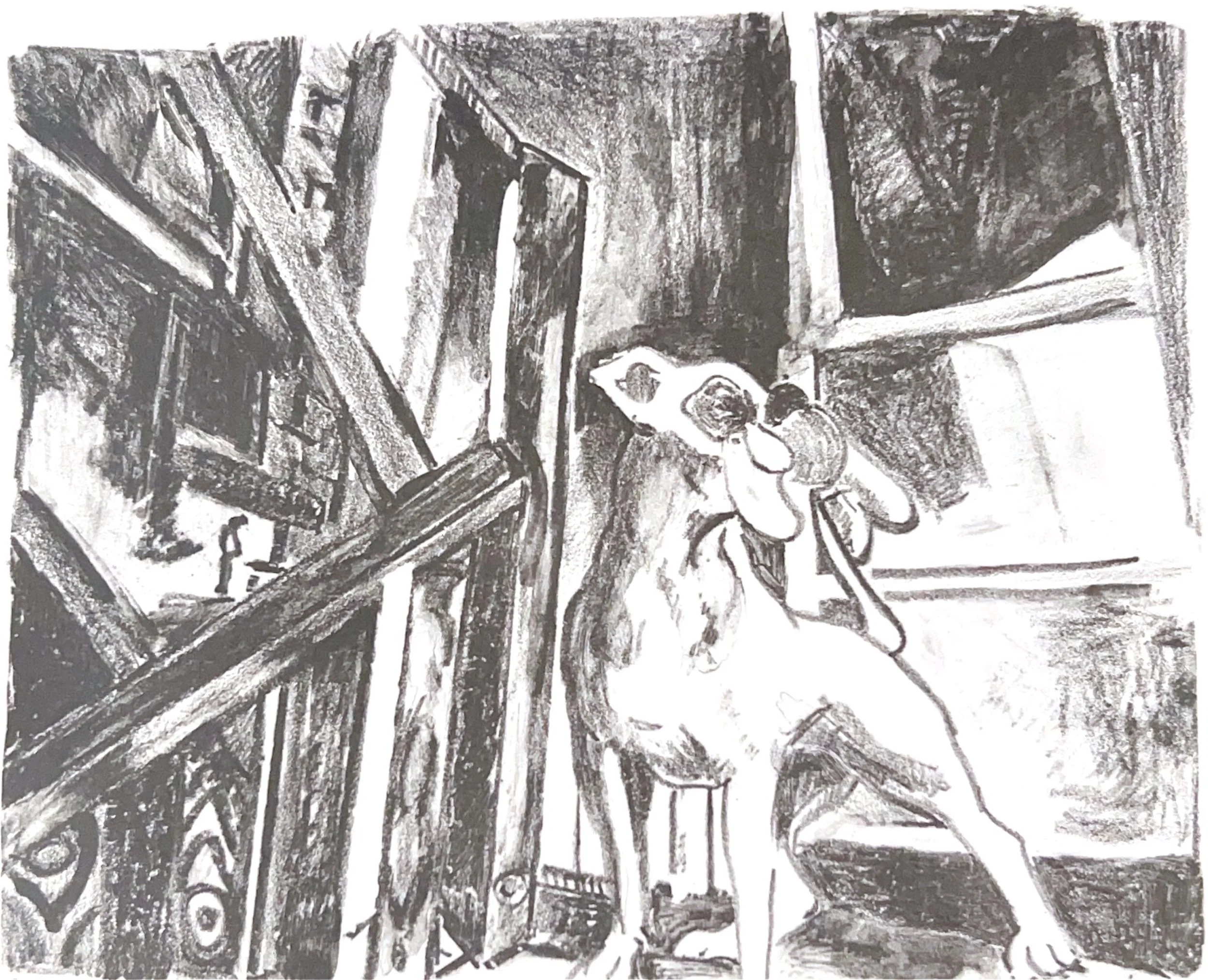 "Piglet on the Stairwell" 2000's, Lithograph crayon print on paper