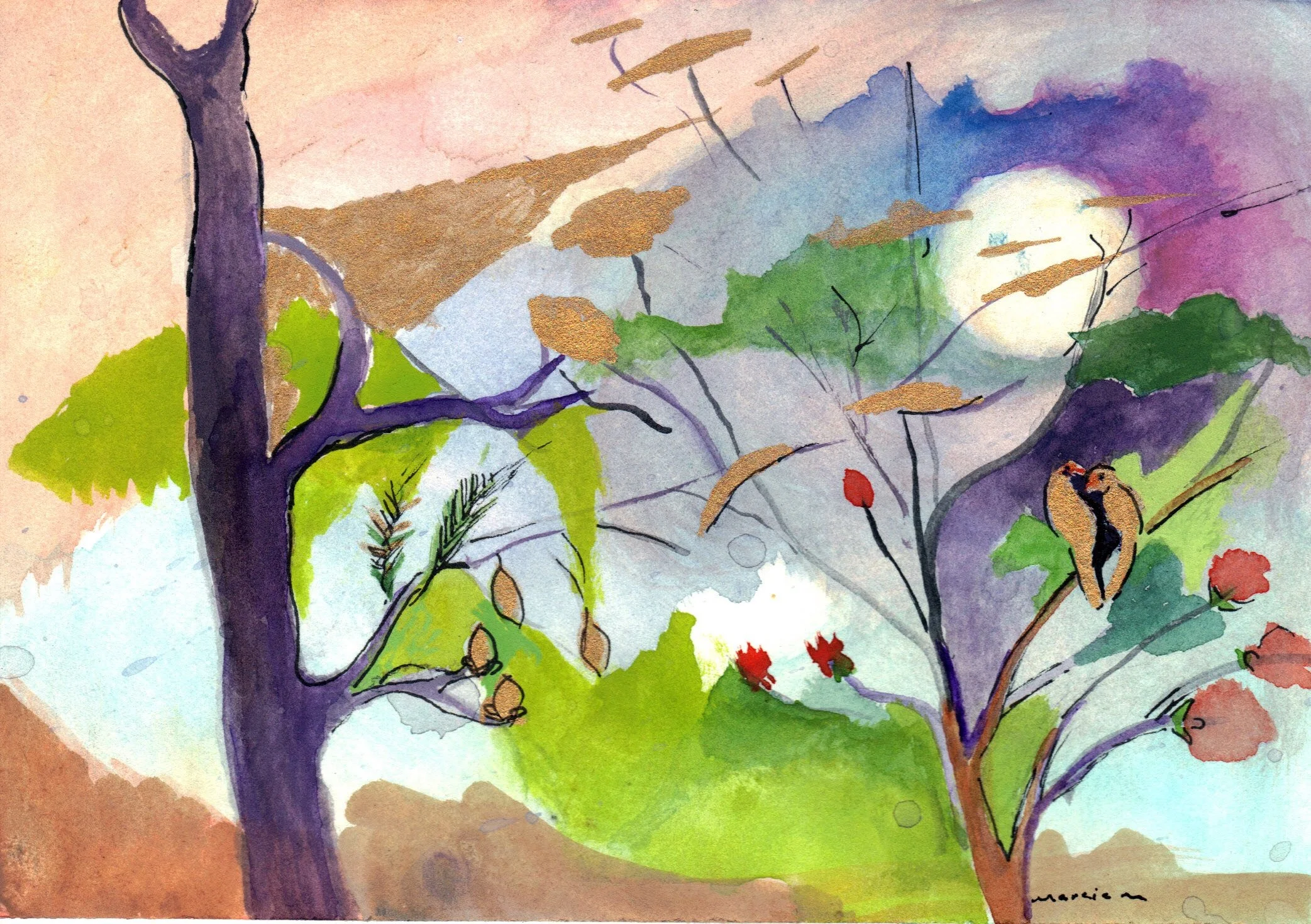 "Golden Birds" 2014, Watercolor on paper