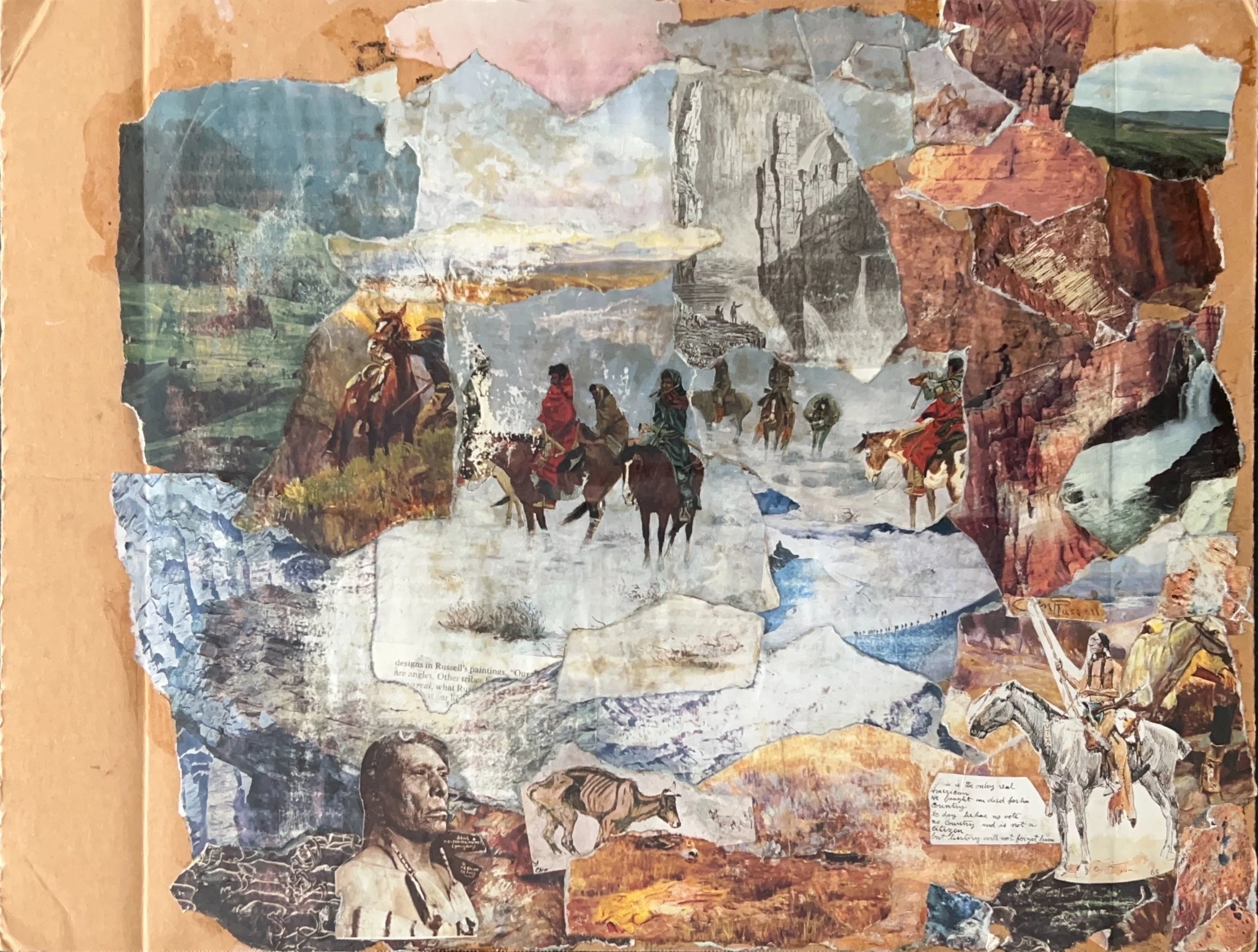 "Trail of Tears" 2020’s, Collage & acrylic on illustration board, Pieces of Remington’s painting