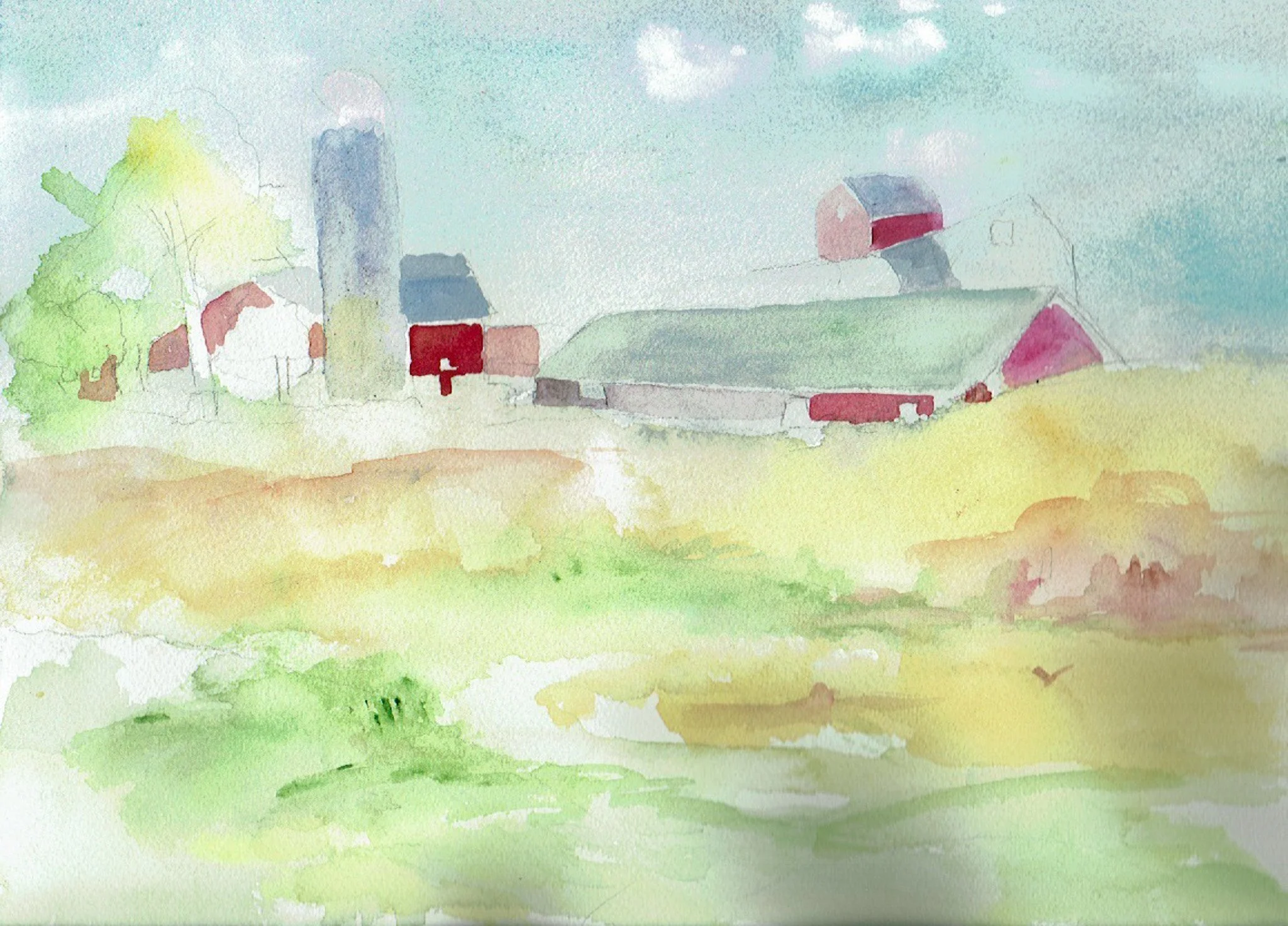"Wisconsin Farm" 2023, Watercolor on paper, Plein air with Thomas Trausch