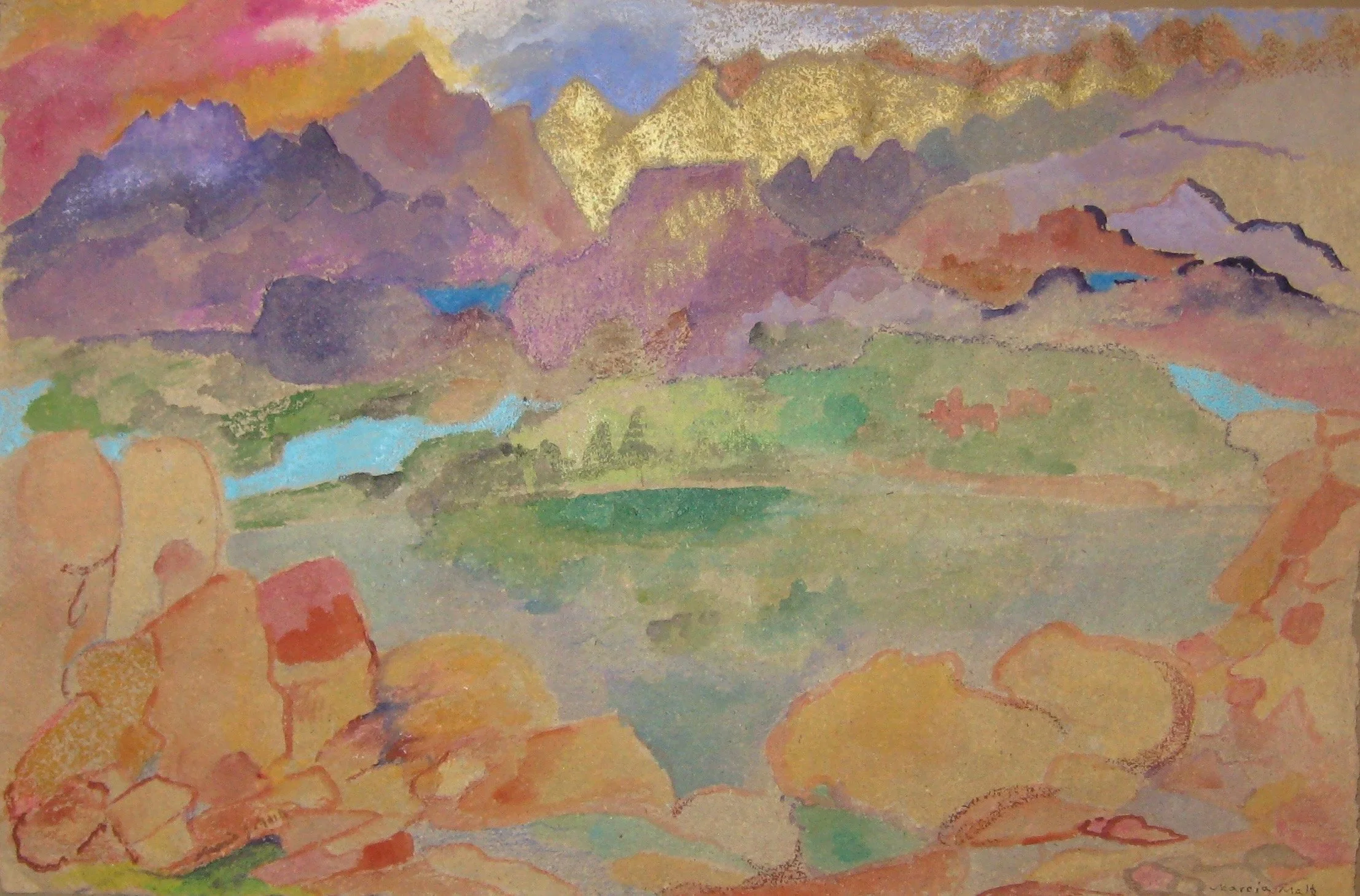 "Down the River" 1995, Watercolor crayon on handmade paper, Guatemala