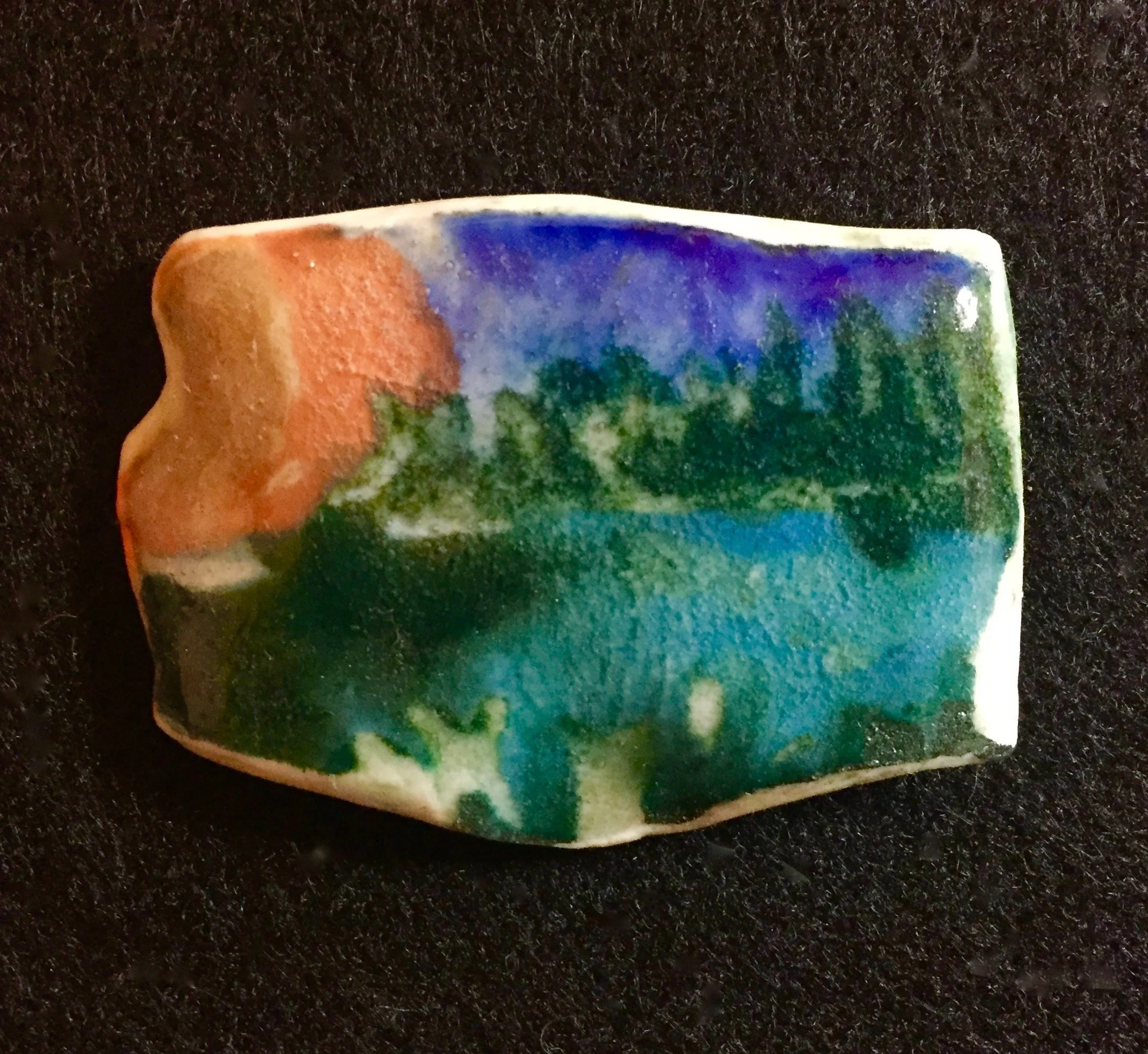 "Sunrise over Long Lake" 2020's, Porcelain hand painted tile
