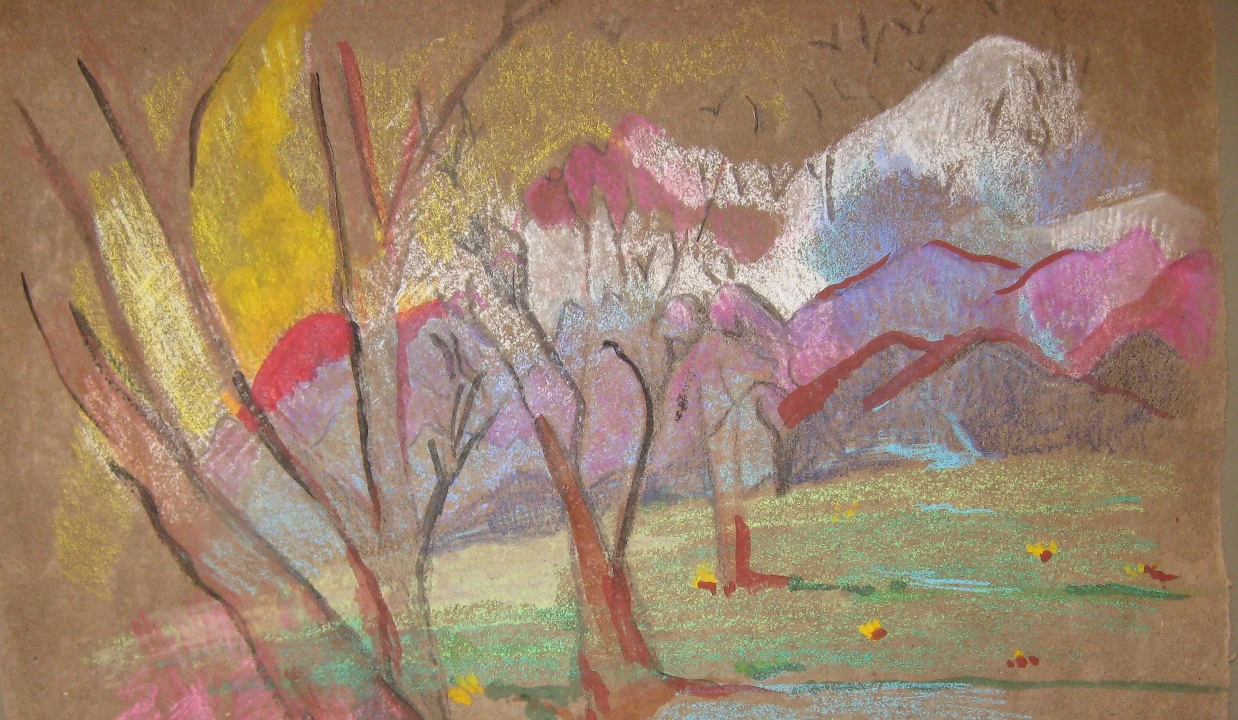 "Sun Exploding Behind the Mountain" 1995, Watercolor crayon on handmade paper, Guatemala