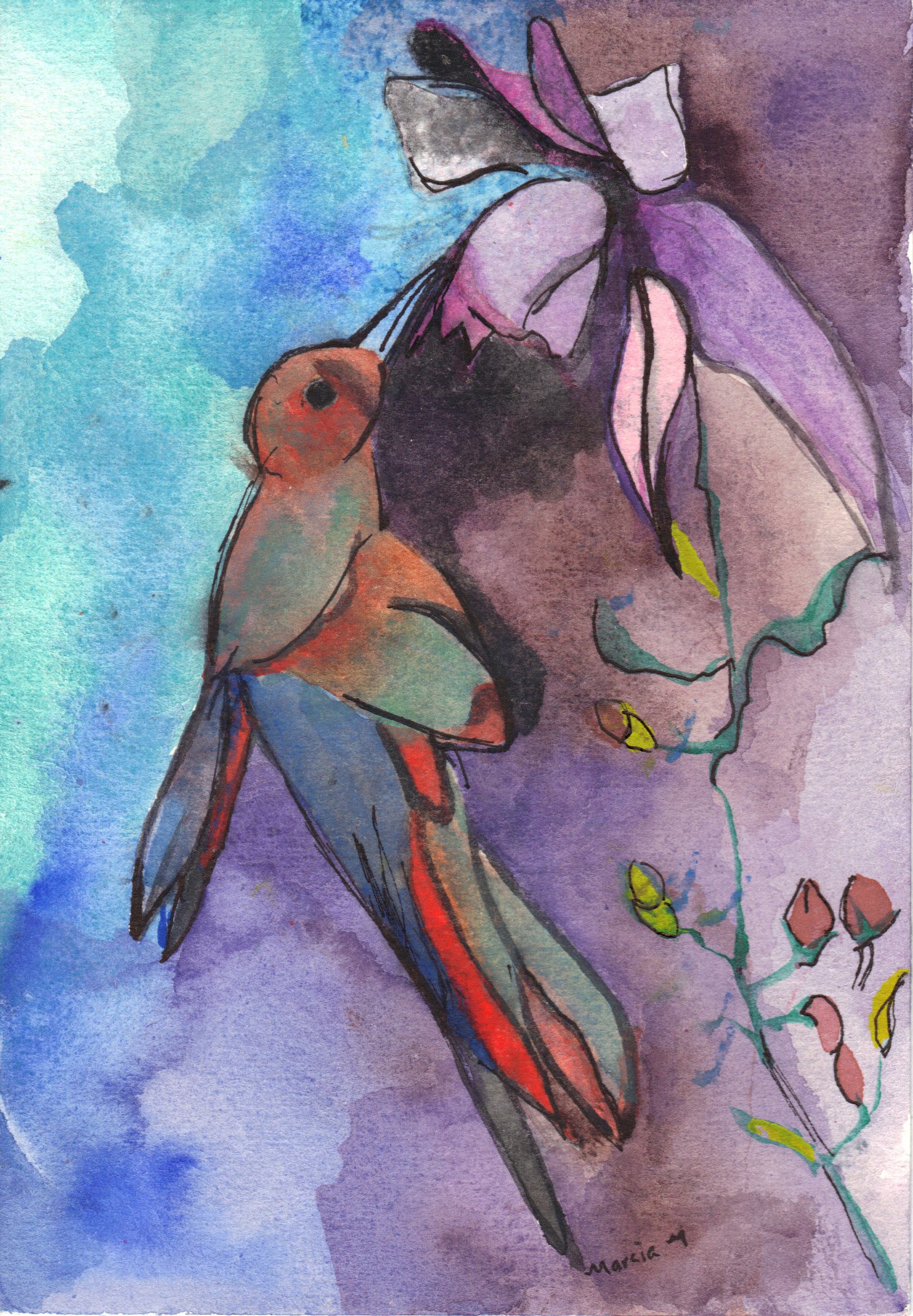 "Humming Bird Outside My Door. St. John's College" 1987, Watercolor on paper, Santa Fe NM