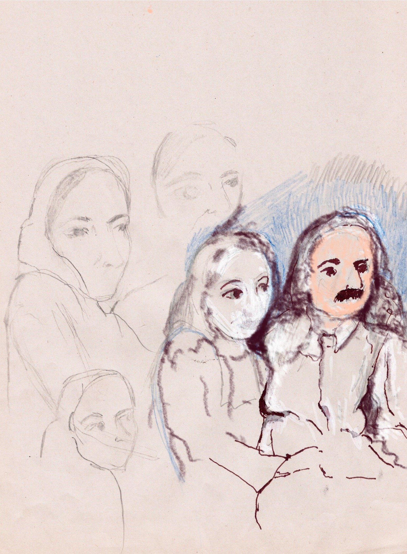 "Meher Baba and Mehera" 2024, Pen, pencil, & watercolor crayon on parchment paper