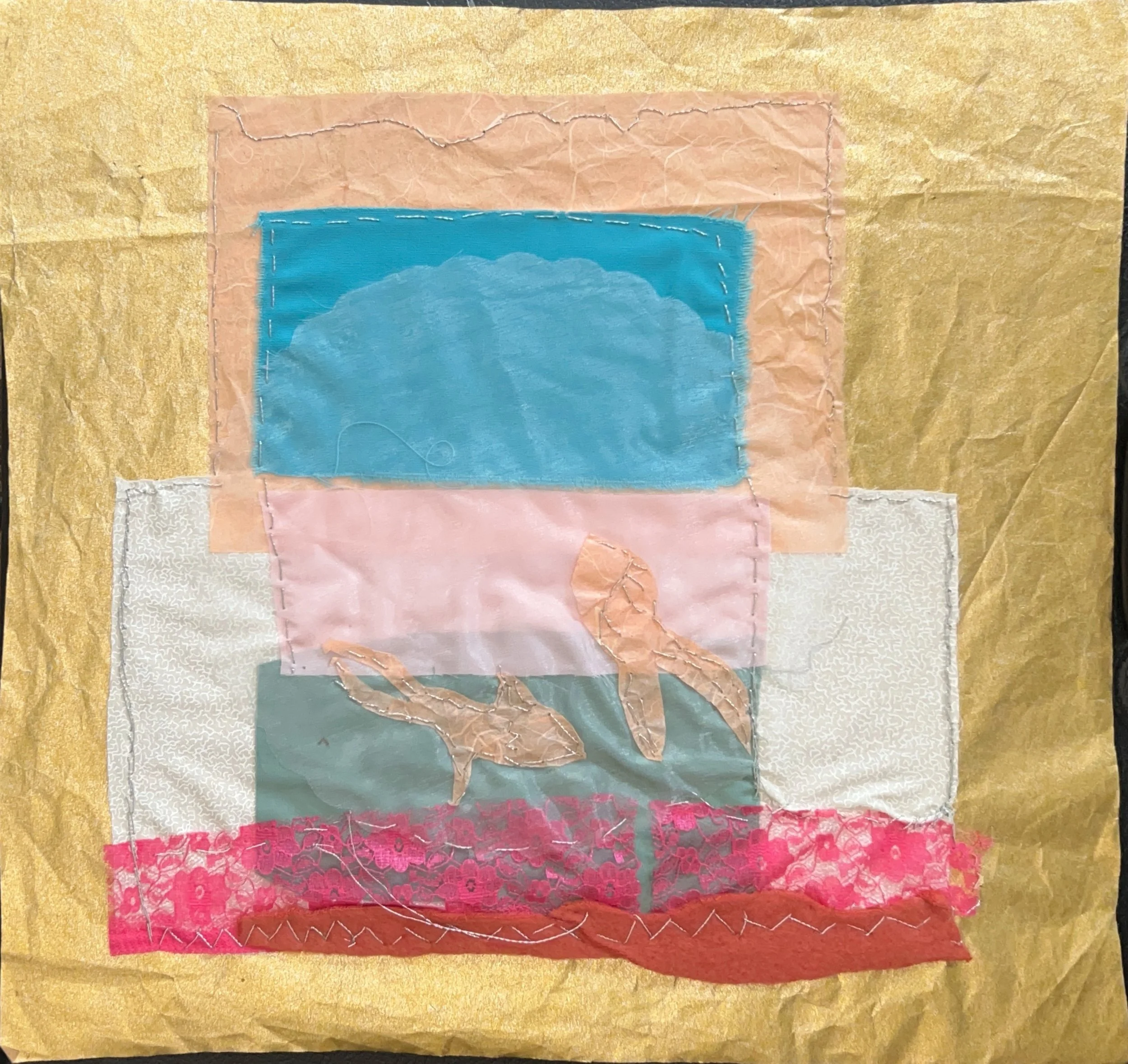 "Goldfish Swimming in Gold" 1990's, Hand sewn fabric & tissue paper collage on paper 