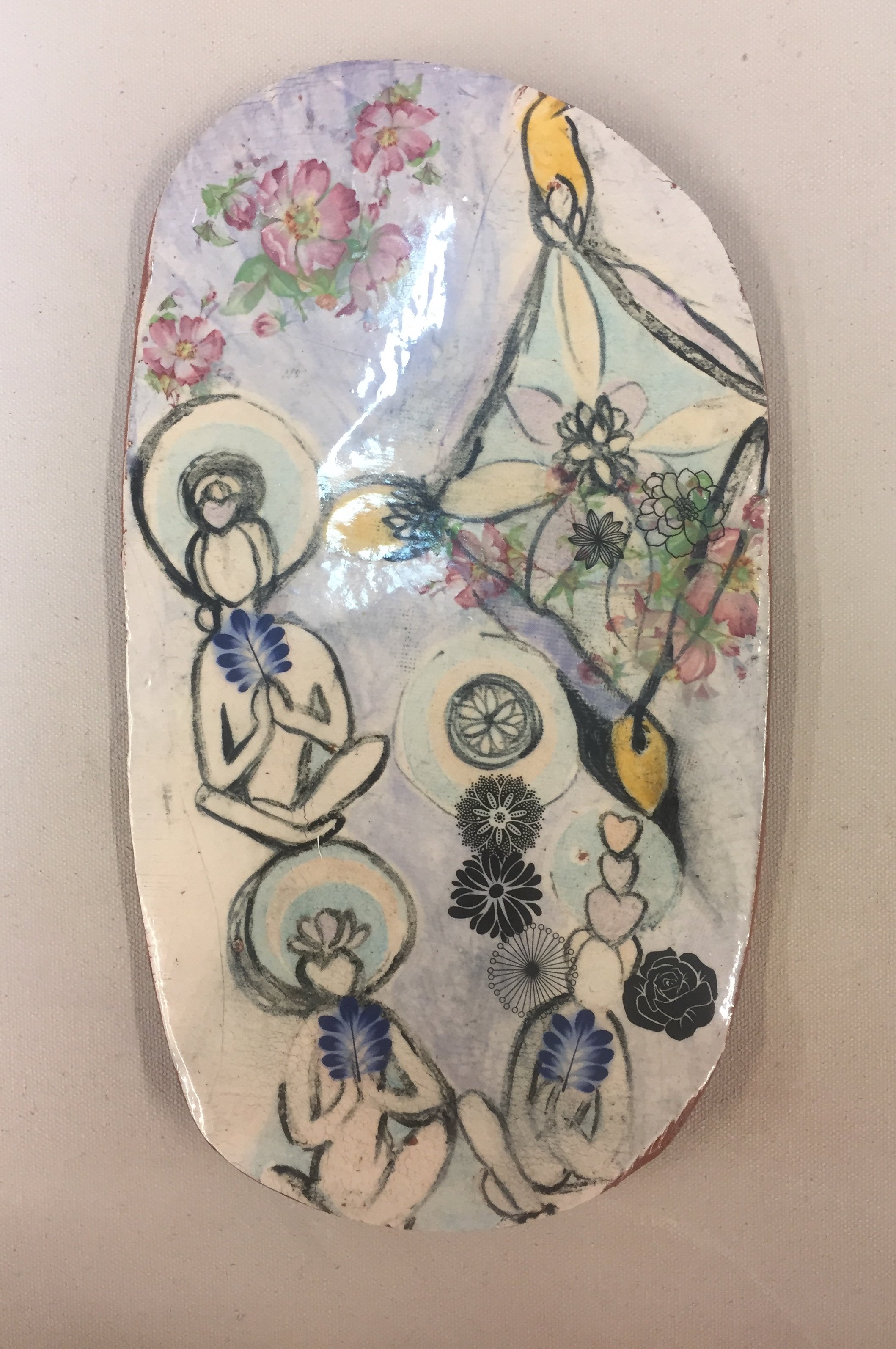 "Inward Meditation" 2020’s, Ceramic terracotta tray with silk screened images