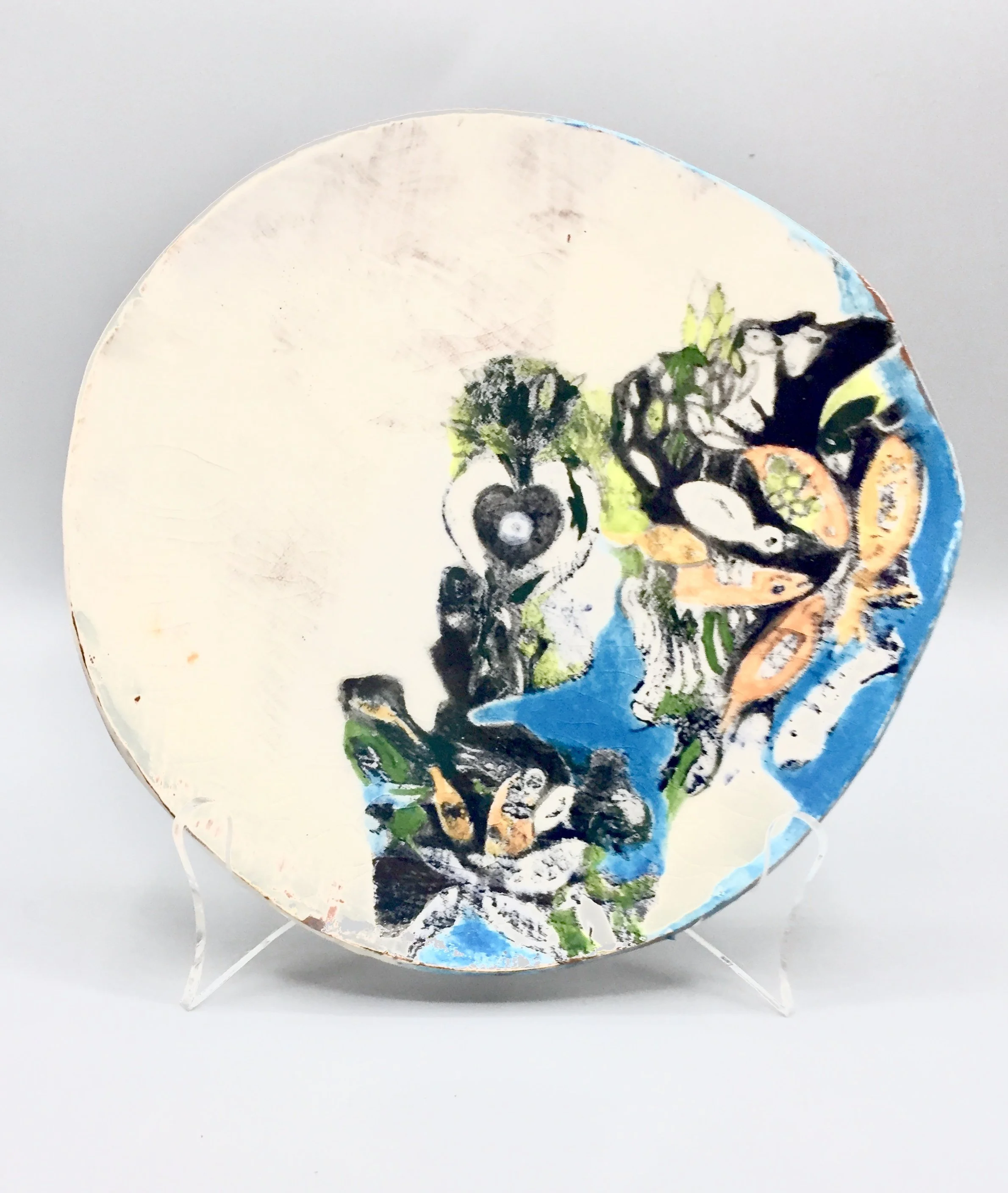 "Fishes and Flowers" 2020's, Ceramic porcelain plate with silk screen image