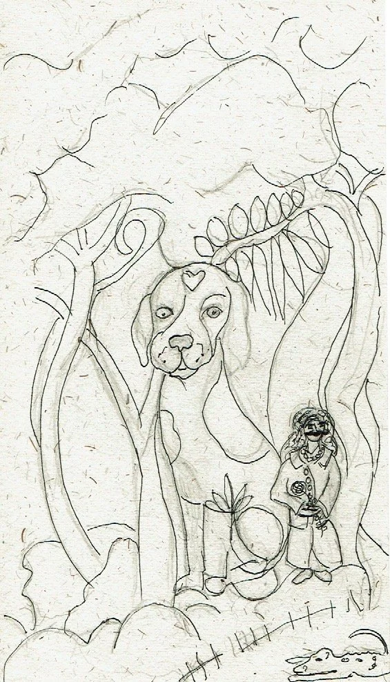 "Baba and Lucy in the Forest" 2018, Pen & pencil on handmade paper from India