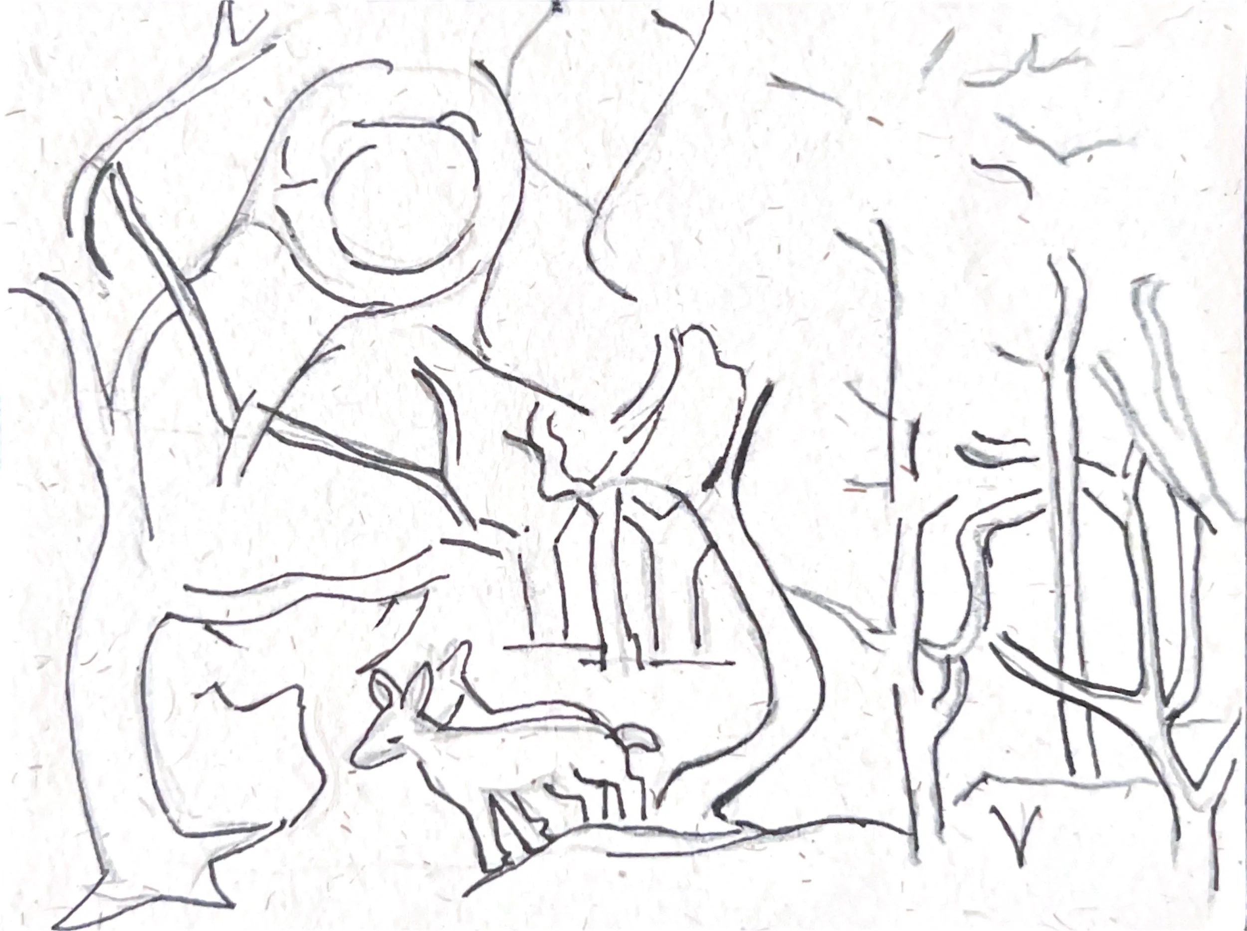 "Trinity of Trees 3" 1990's, Pen & pencil on handmade paper from India