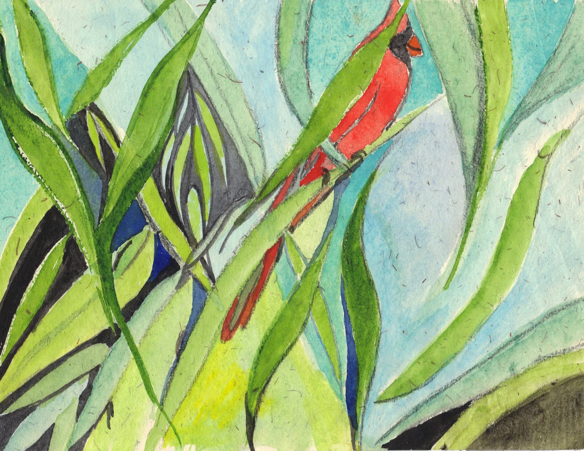 "Cardinal in the Willow 3" 2022, Watercolor on handmade paper from India