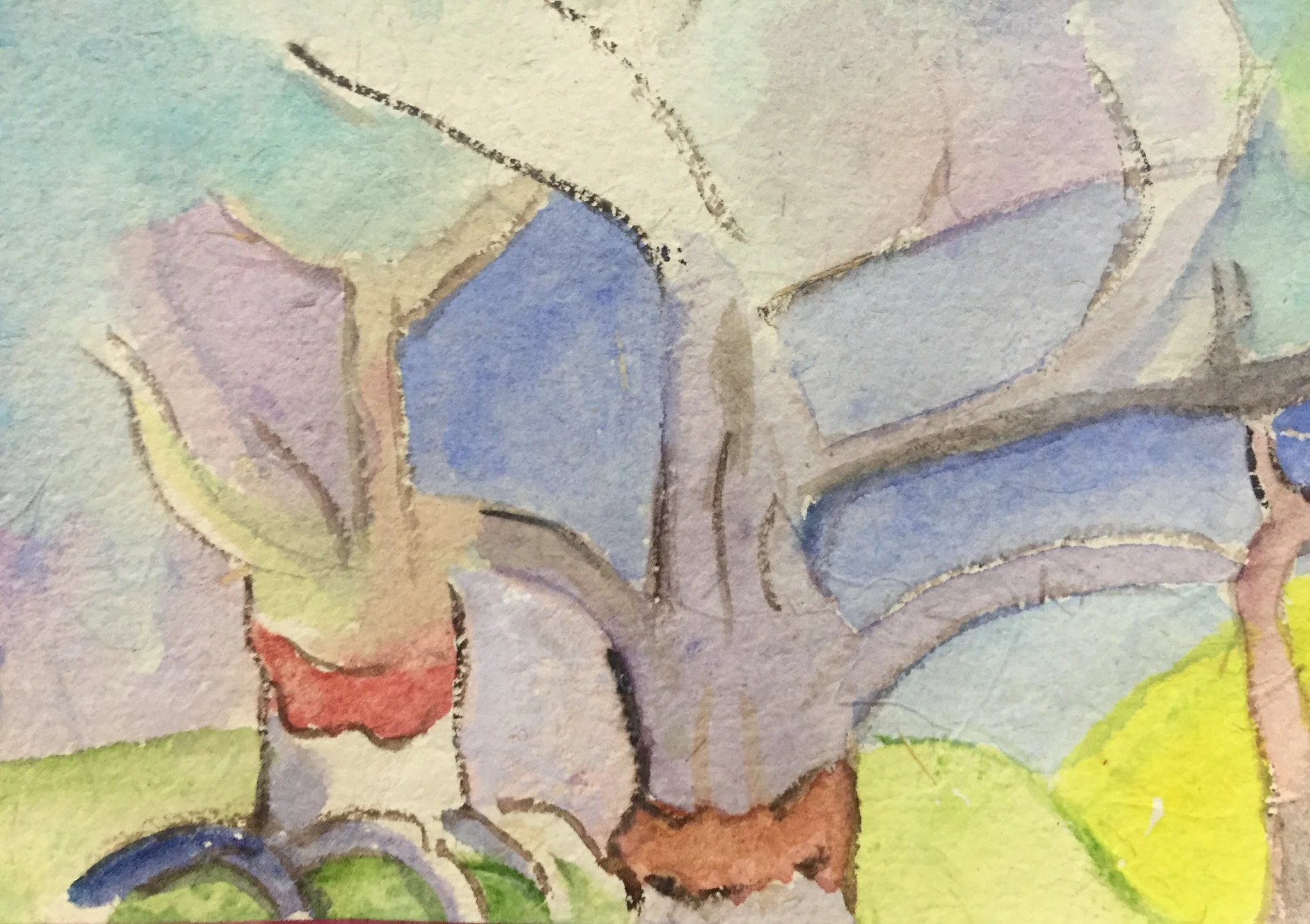 "Banyan Trees on the Road" 1994, Watercolor on handmade paper from India