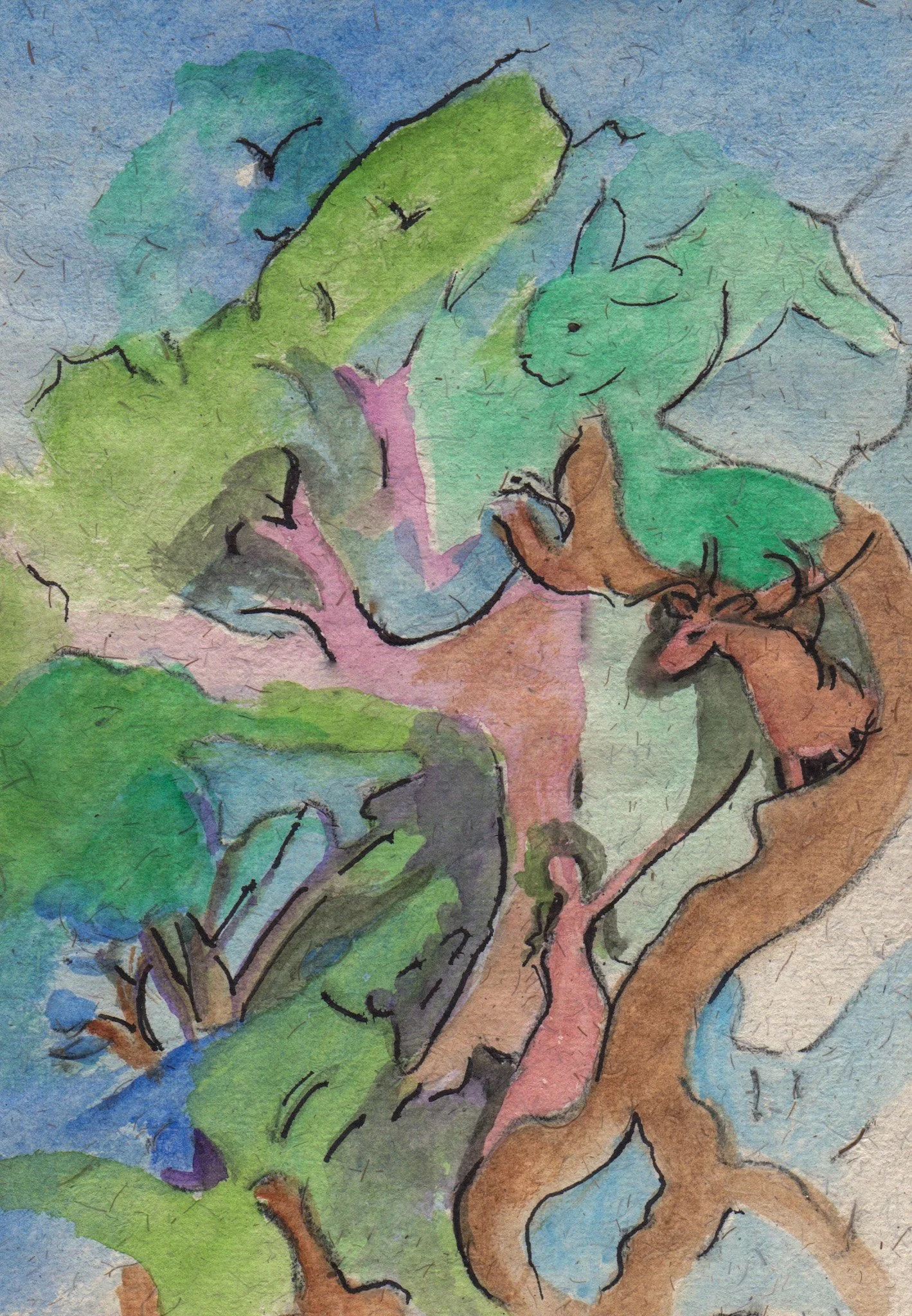 "Lady and the Elk" 2014, Watercolor on handmade paper from India