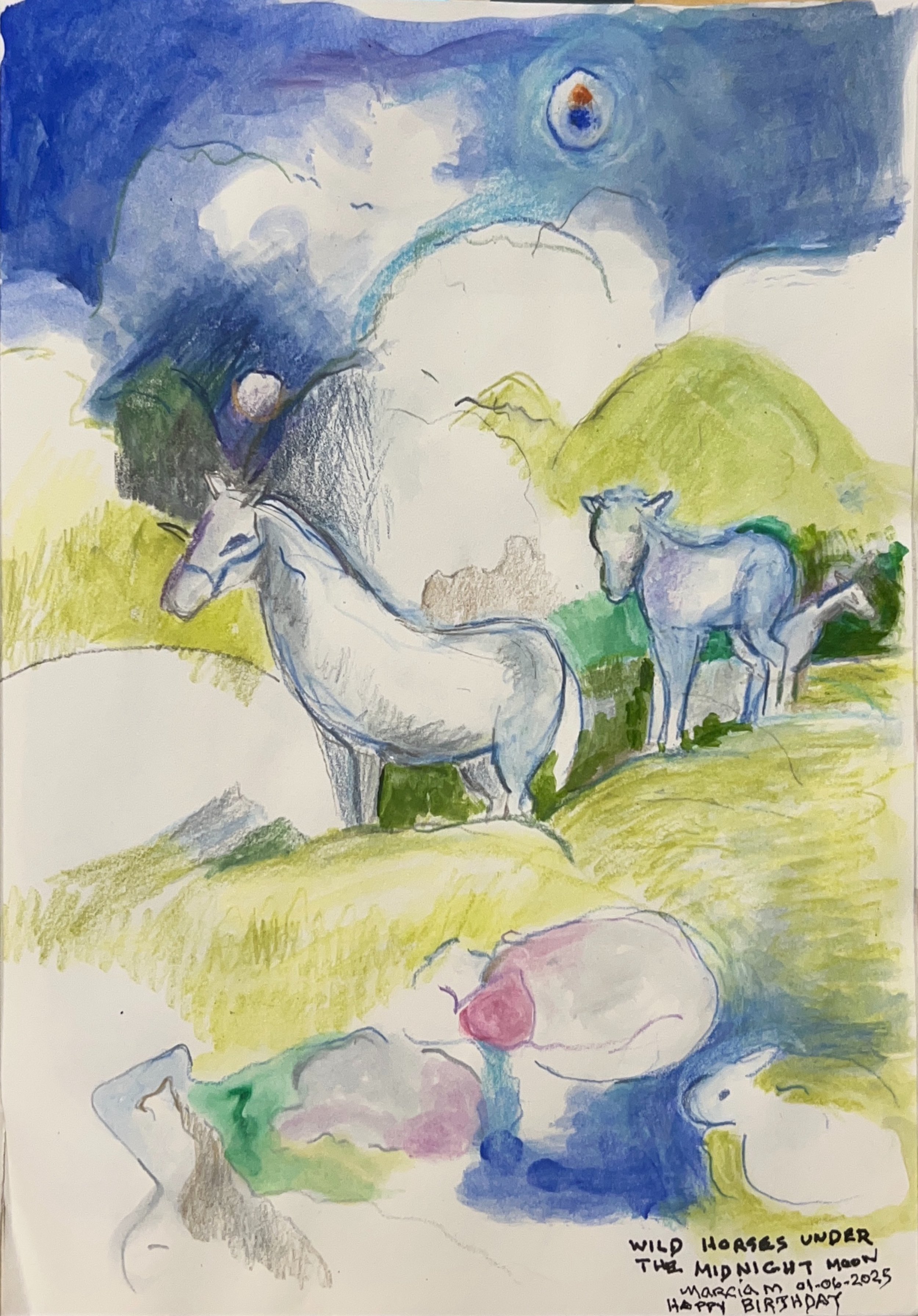 "Wild Horses Under the Midnight Moon" 2025, Colored pencil on paper