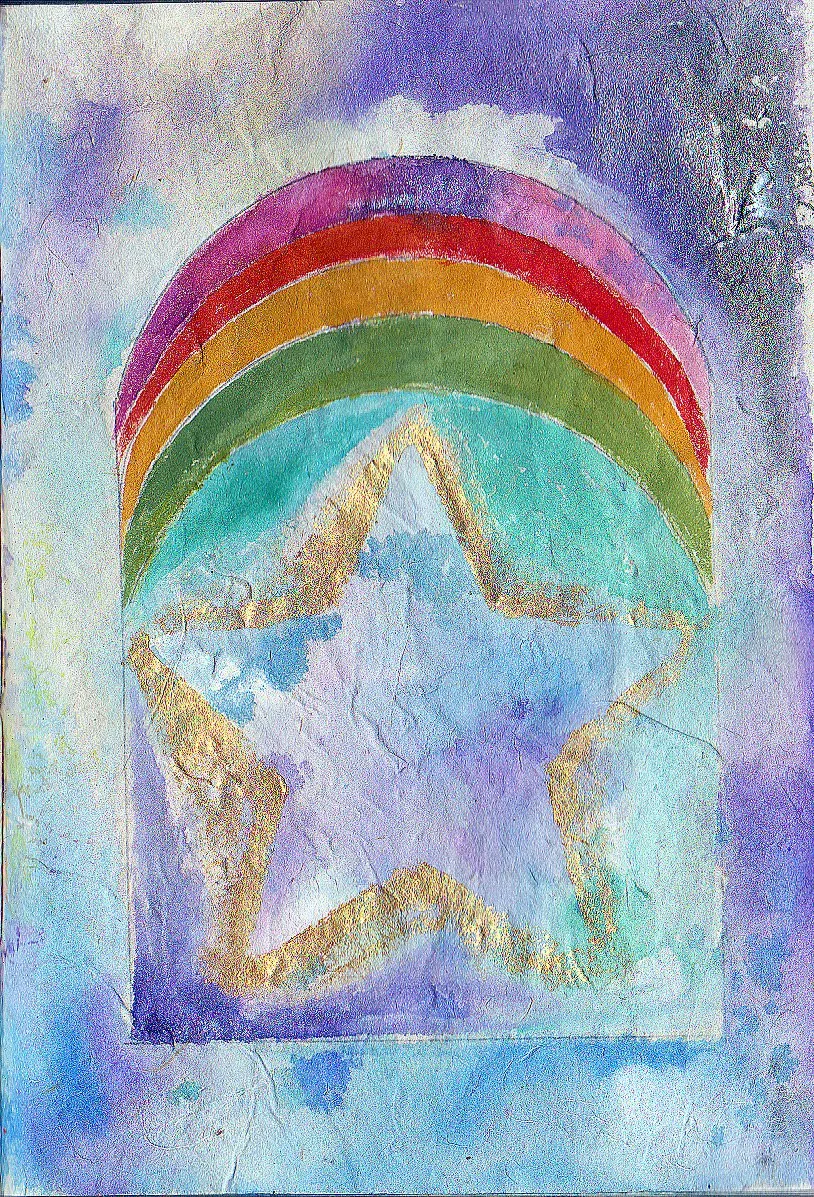 "Rainbow Door Through the Stars" 2021, Watercolor on page in a Book