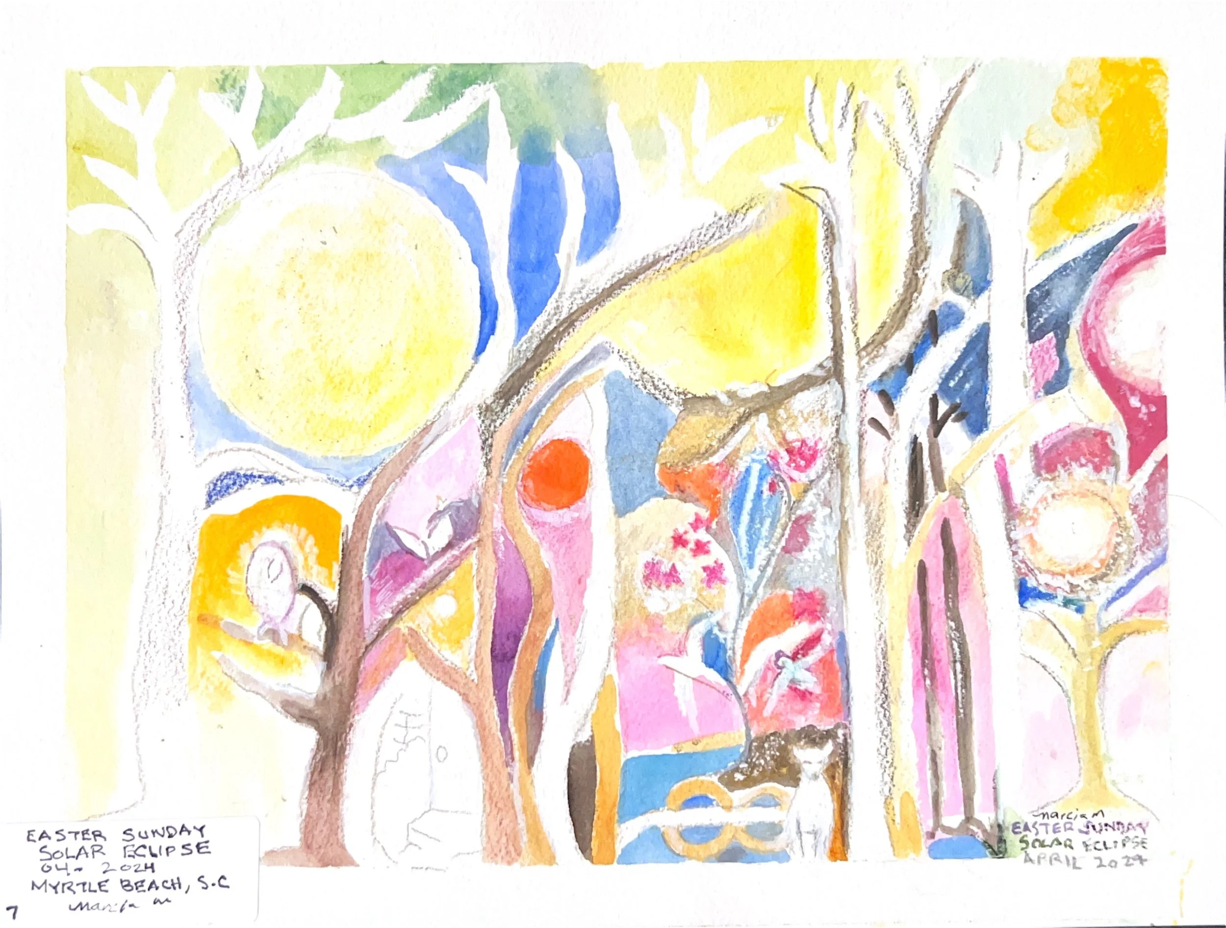 "Easter Sunday Solar Eclipse" 04/2024, Watercolor on paper, Myrtle Beach SC