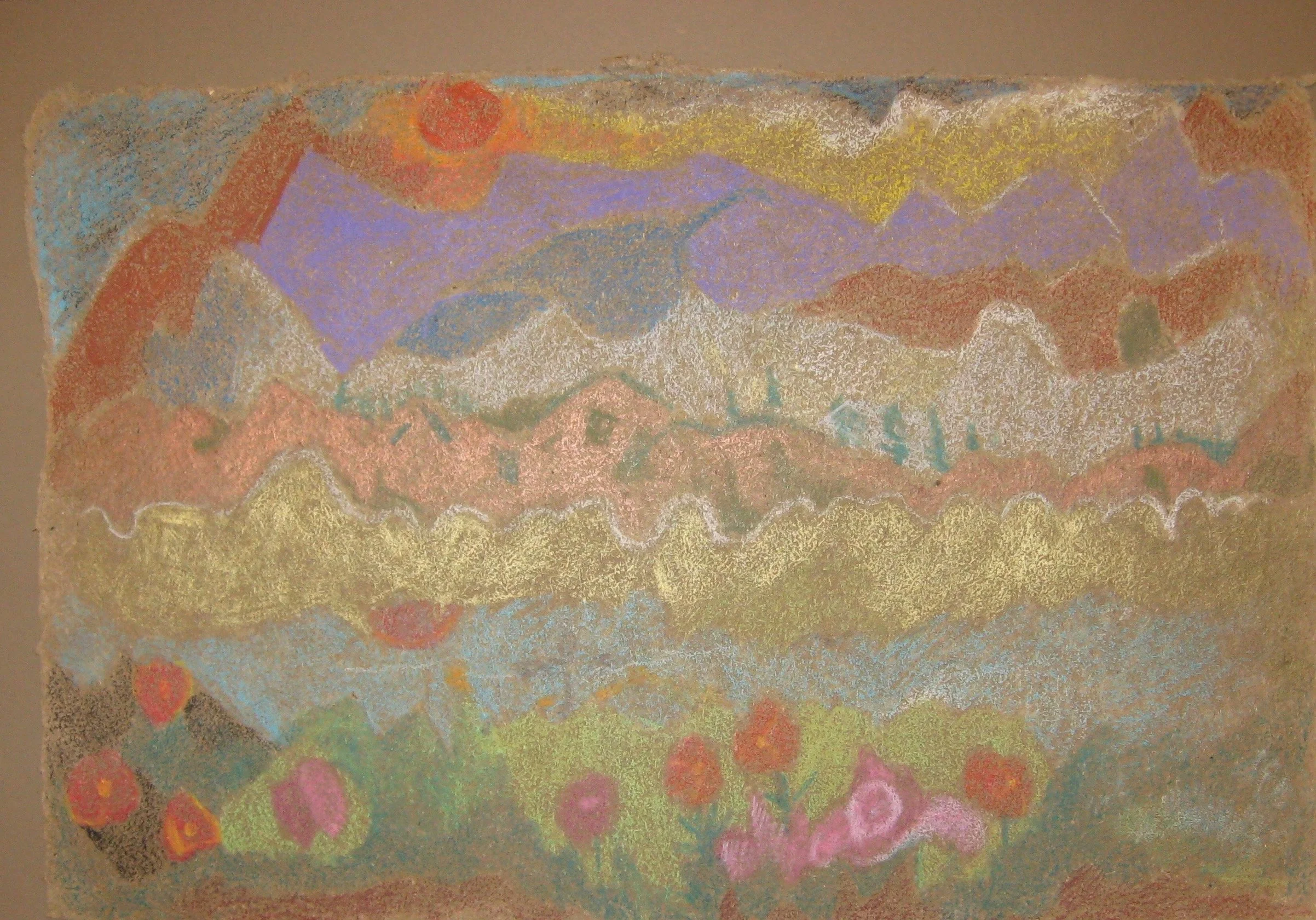 "Down the RIver" 1995, Watercolor crayon on handmade paper, Guatemala