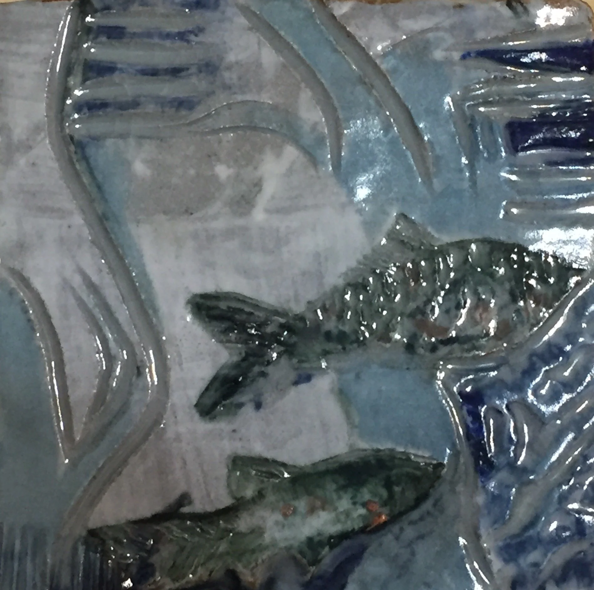 "Fishes at the Bottom of the Sea" 2020's, Porcelain hand carved tile
