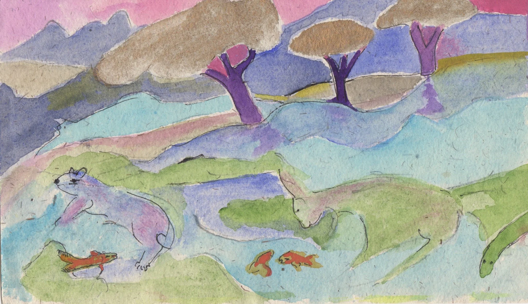 "Vision of Wildlife at the Stream" 2001, Watercolor on handmade paper