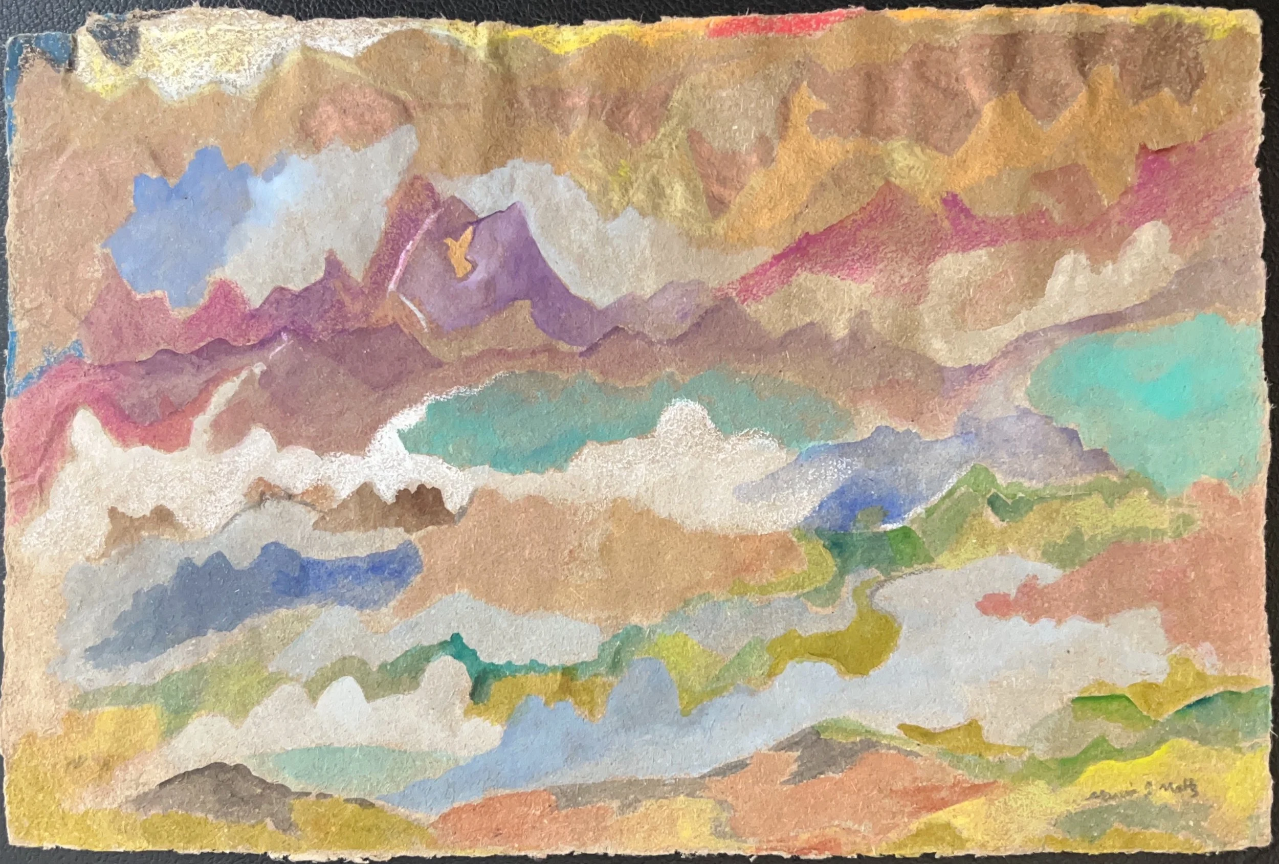 "Mountains and Lake" 1995, Watercolor crayon on handmade paper, Guatemala