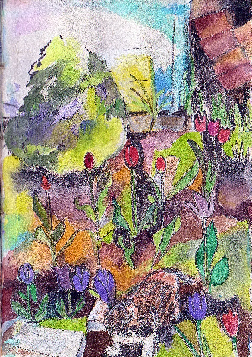 "Eli Among the Garden Flowers" 1988, Watercolor on paper, Long Ave, Portage Park IL