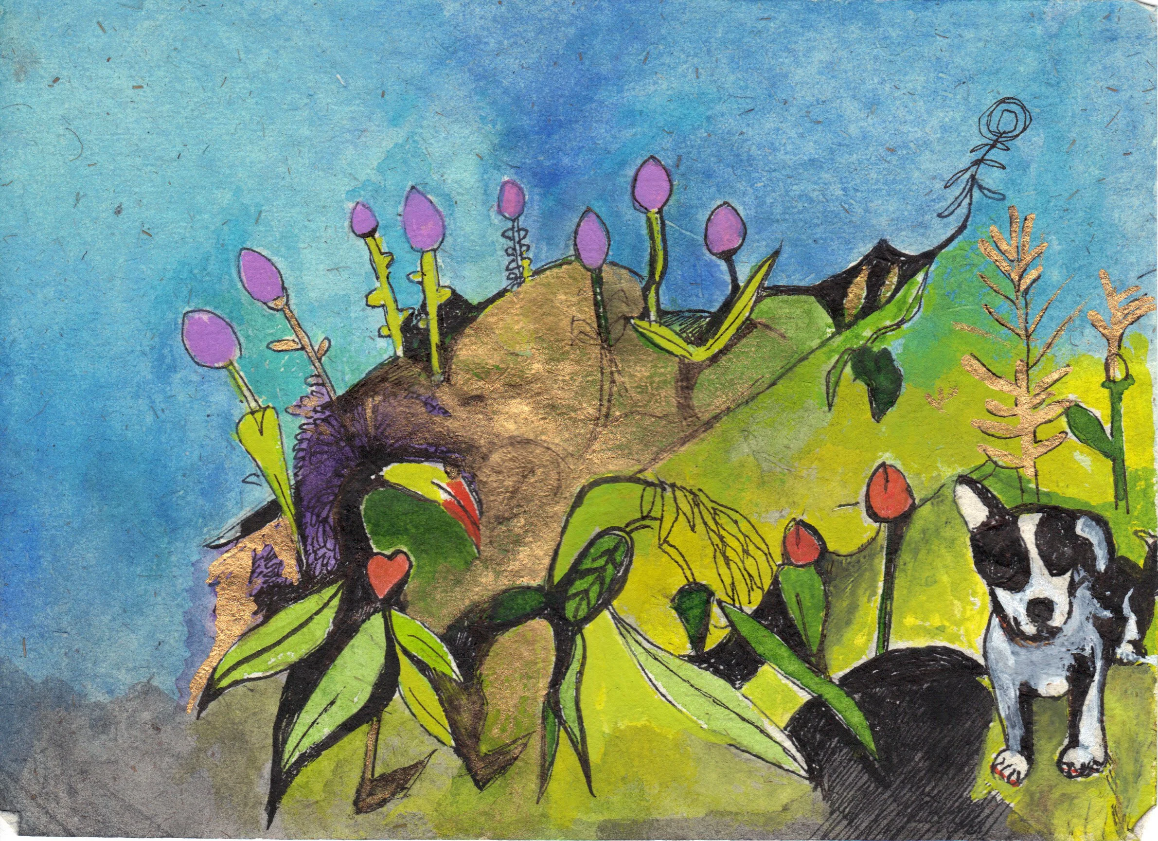 "Lucy in Golden Garden" 2012, Watercolor on pape