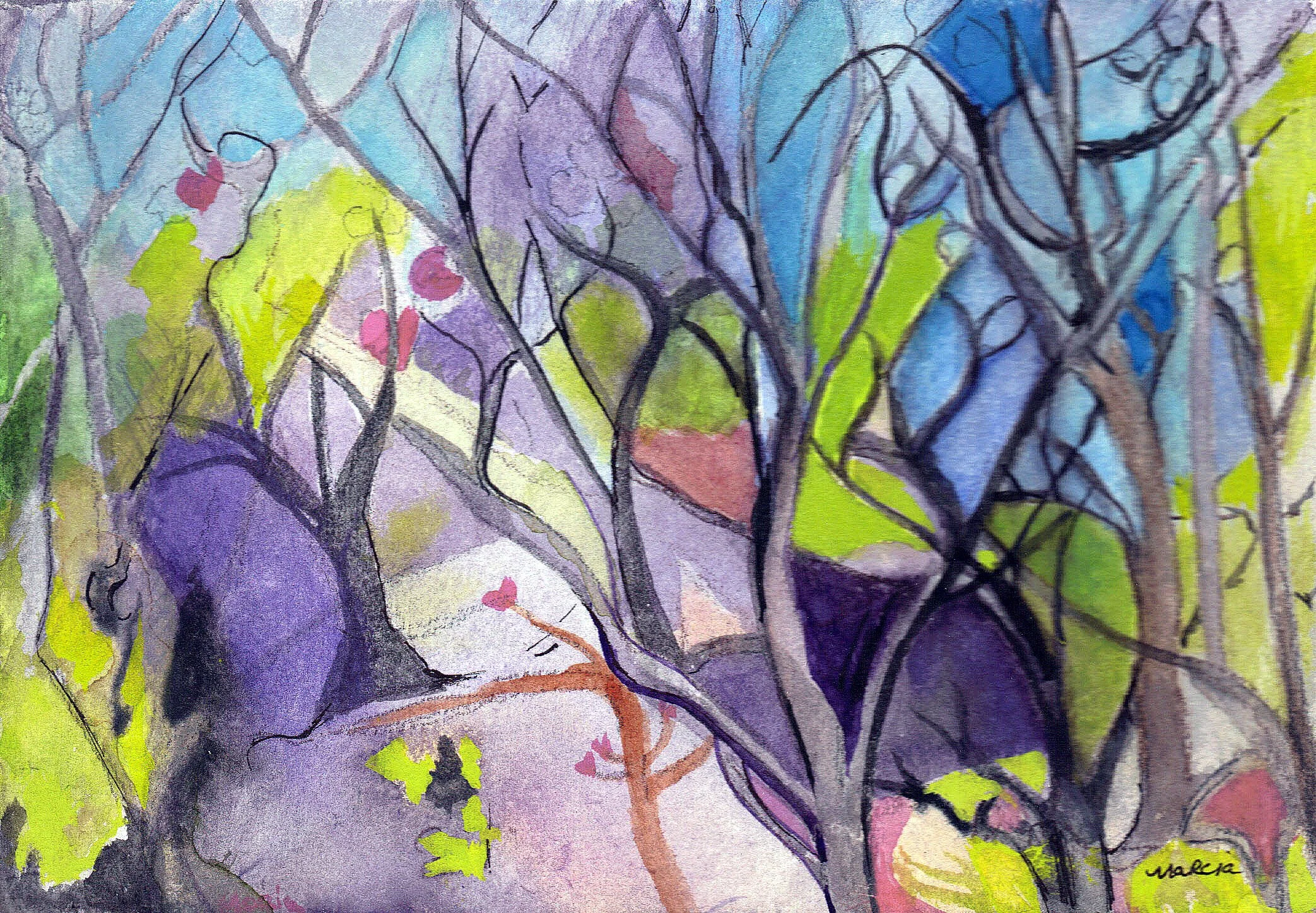 "In the Magic of the Woods" 2001, Watercolor on handmade paper from India, Myrtle Beach SC