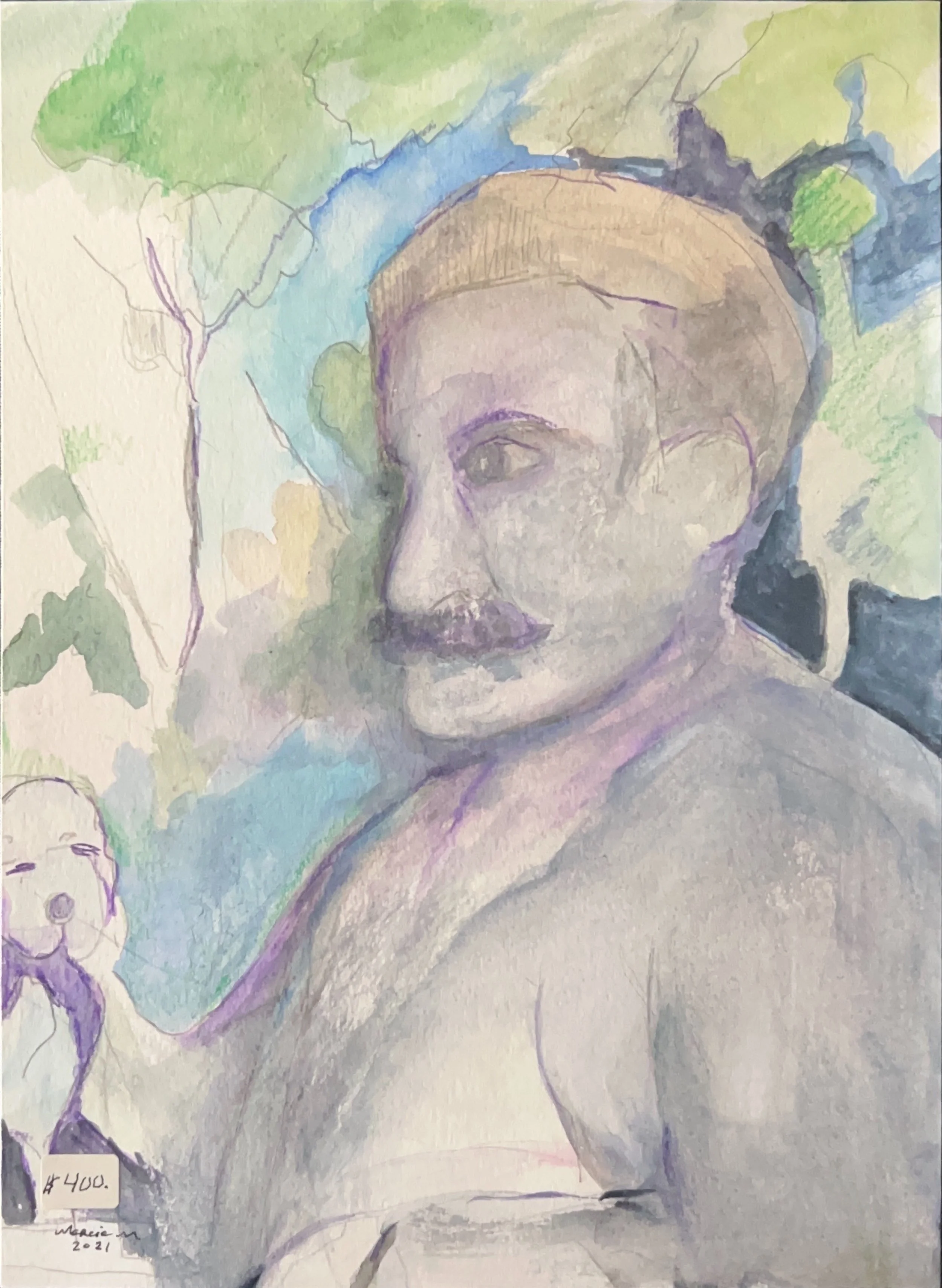 "Drawing Baba on Zoom" 2021, Watercolor on paper