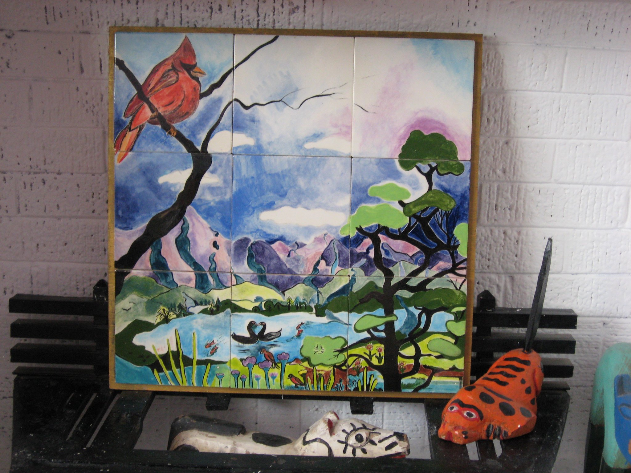 "Cardinal Overlooking Crater Lake"  2020's, Ceramic porcelain tile painting