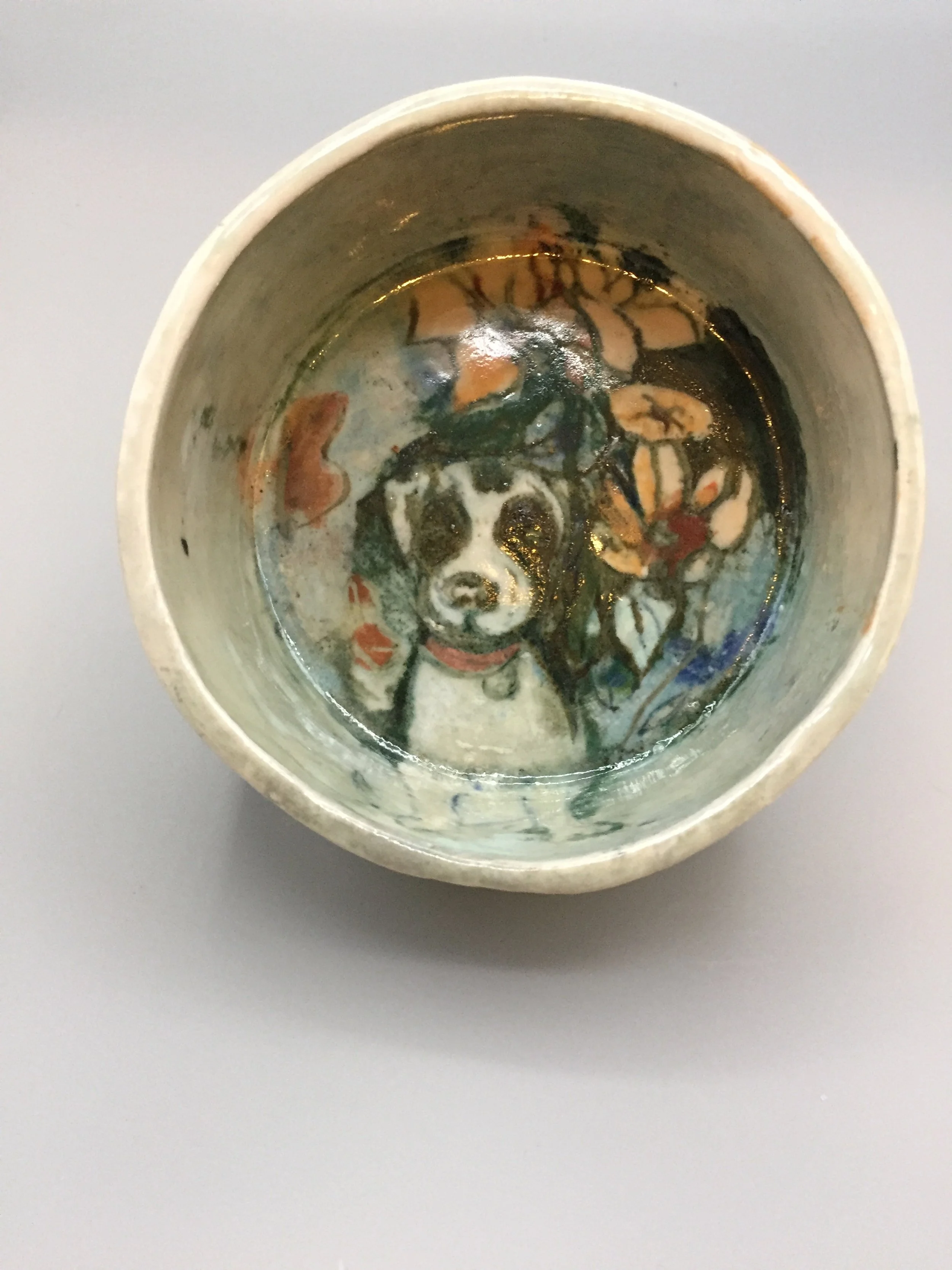 "Lucy with Flowers Dog Bowl" 2020's, Ceramic porcelain from handmade mold 