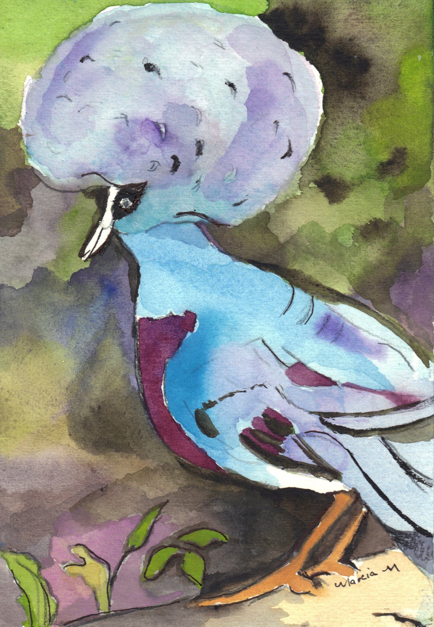 "Plumed Bird Card" 2020's, Watercolor on paper