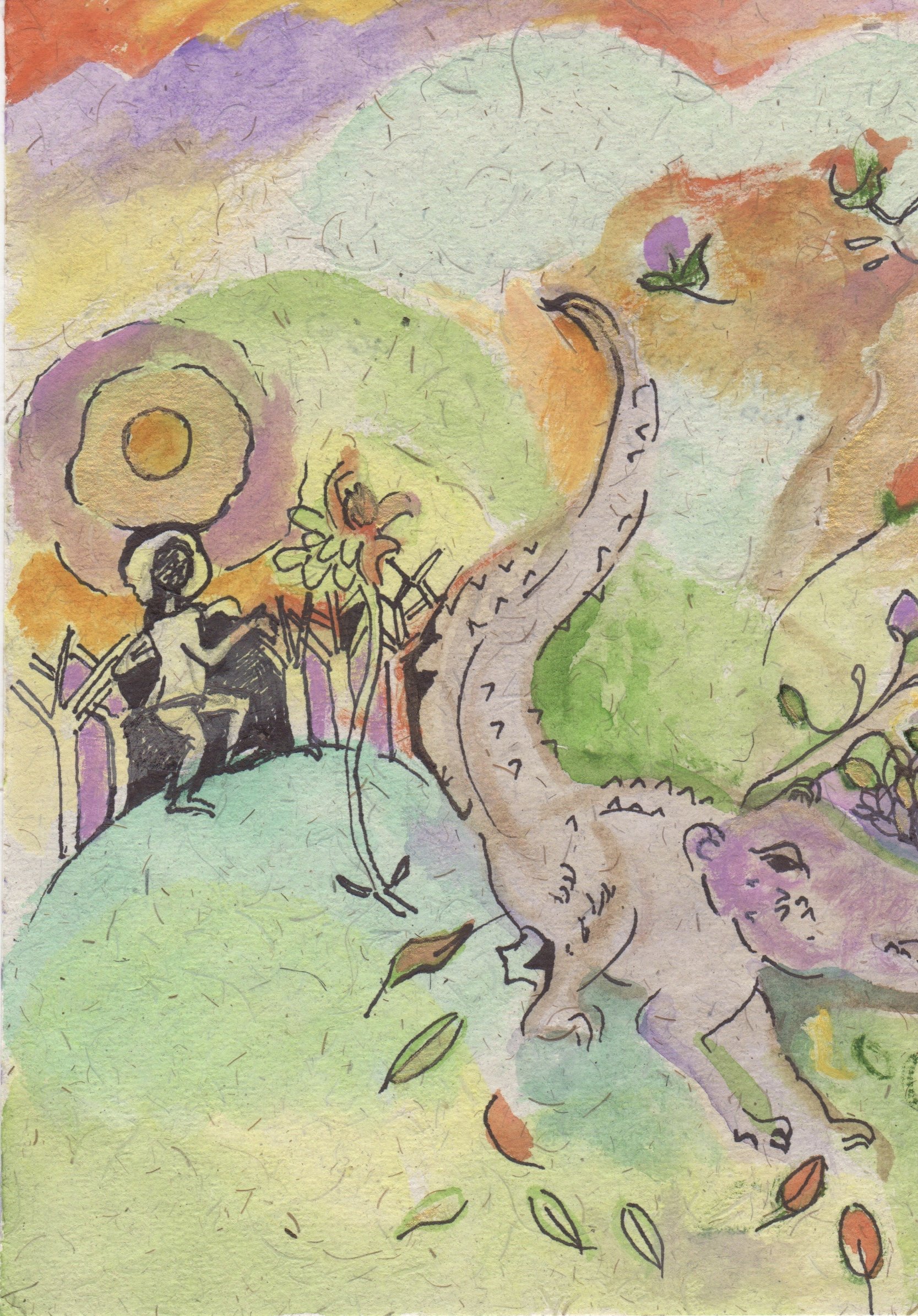 "Baba Dancing with an Alligator" 2016, Watercolor & ink on handmade paper from India