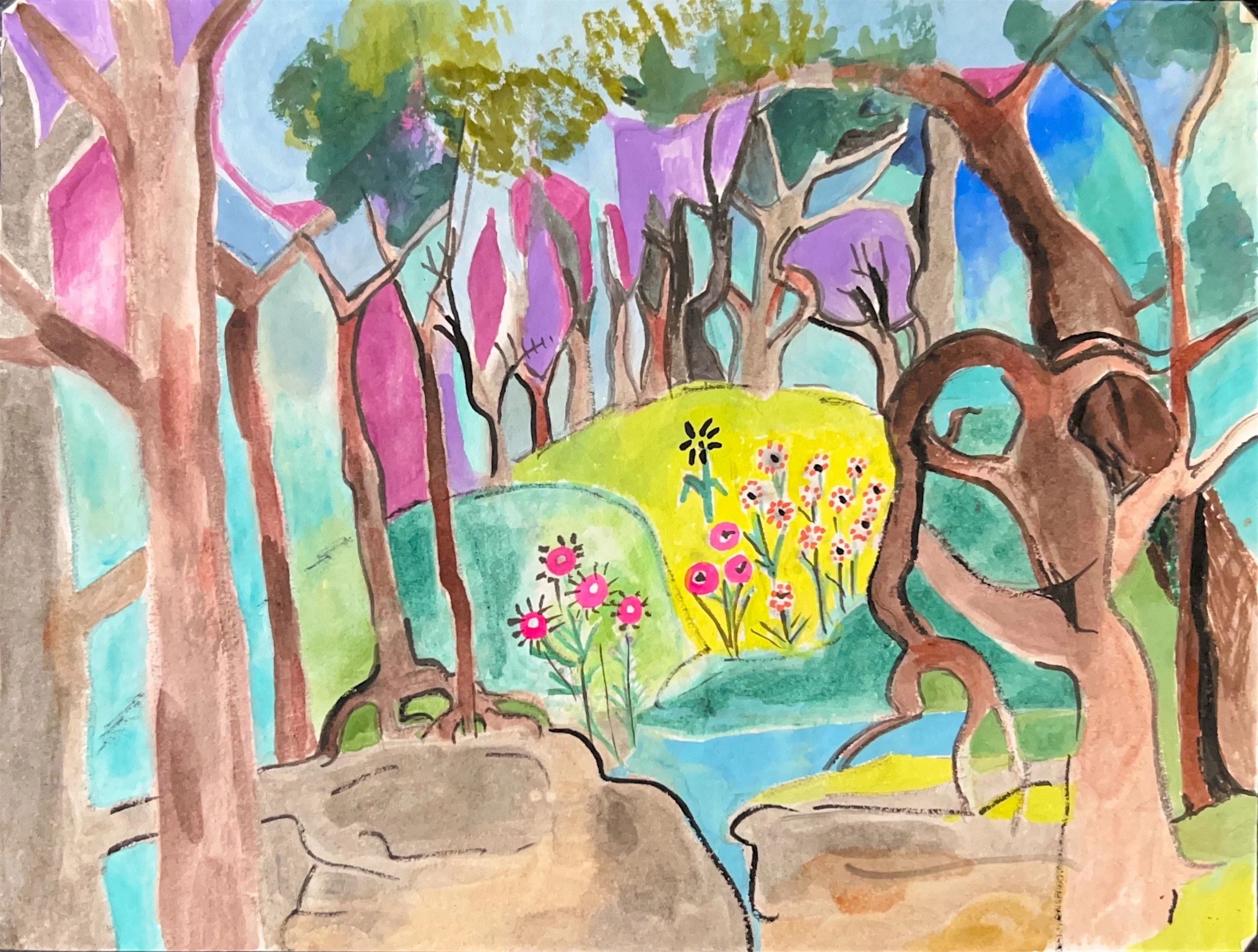 "A Clearing of Pink Flowers" 2020's, Watercolor on paper