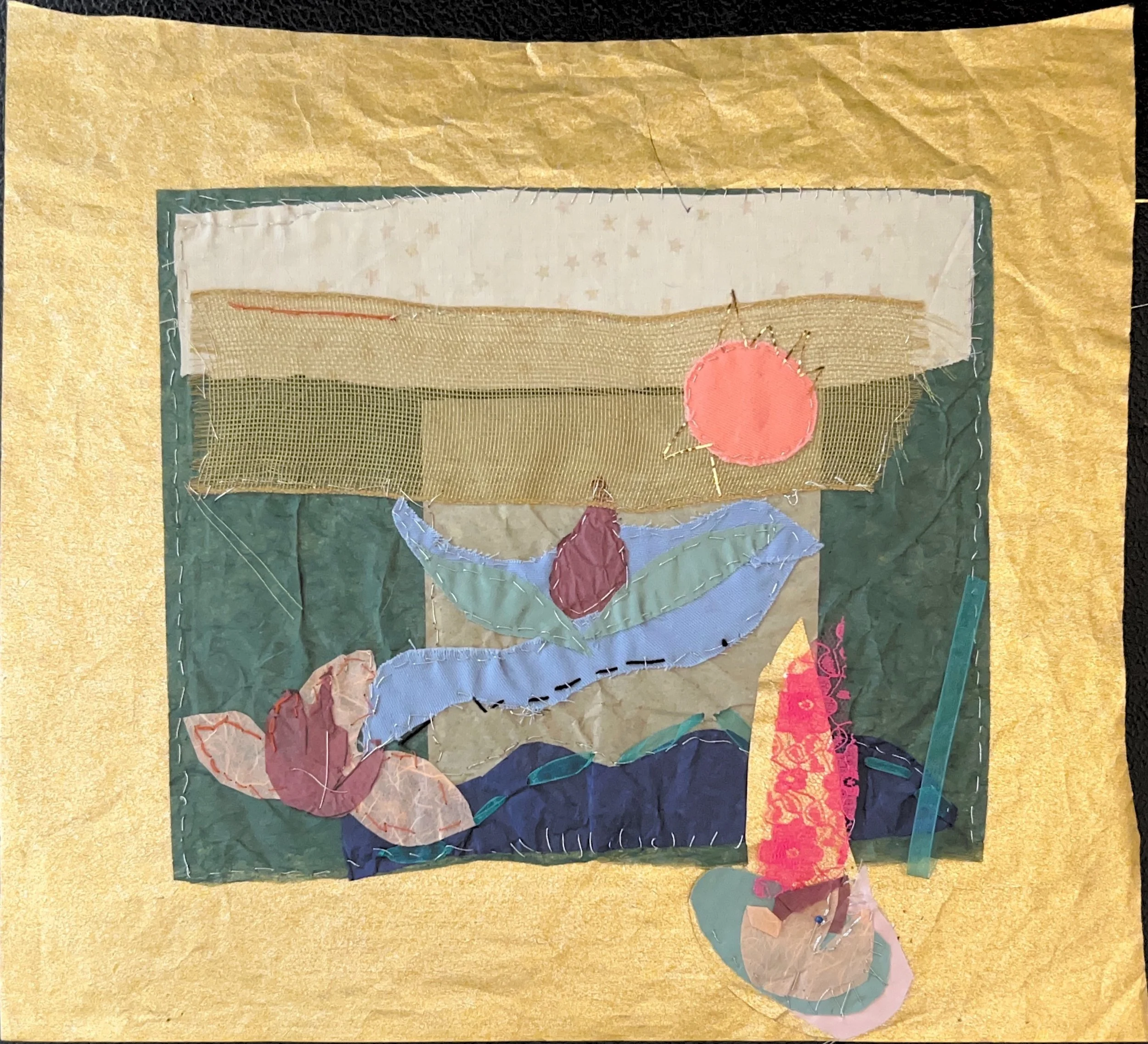 "Scenery on Gold" 1990's, Hand sewn fabric & tissue paper collage on paper 
