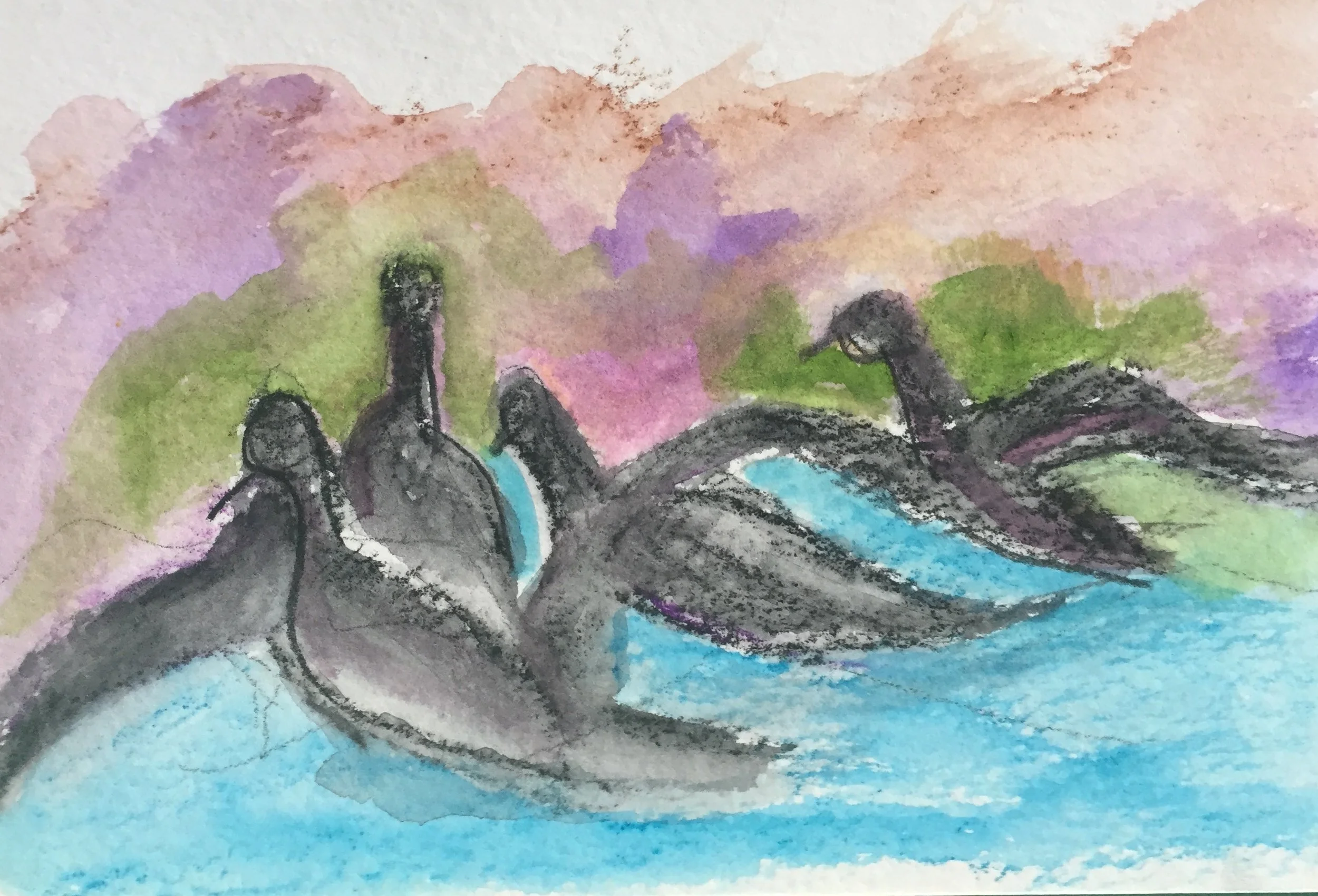 "Splashing and Bath Time" 2021, Watercolor on paper