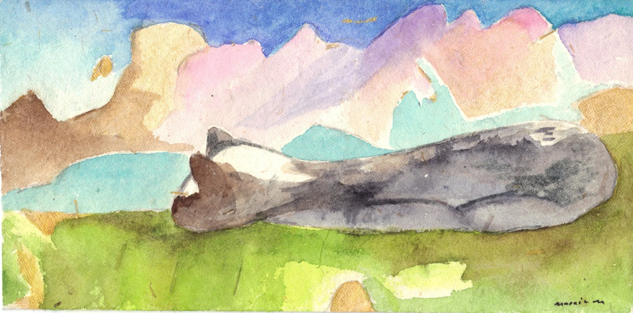 "Cat Dreamland" 2010, Watercolor on envelope