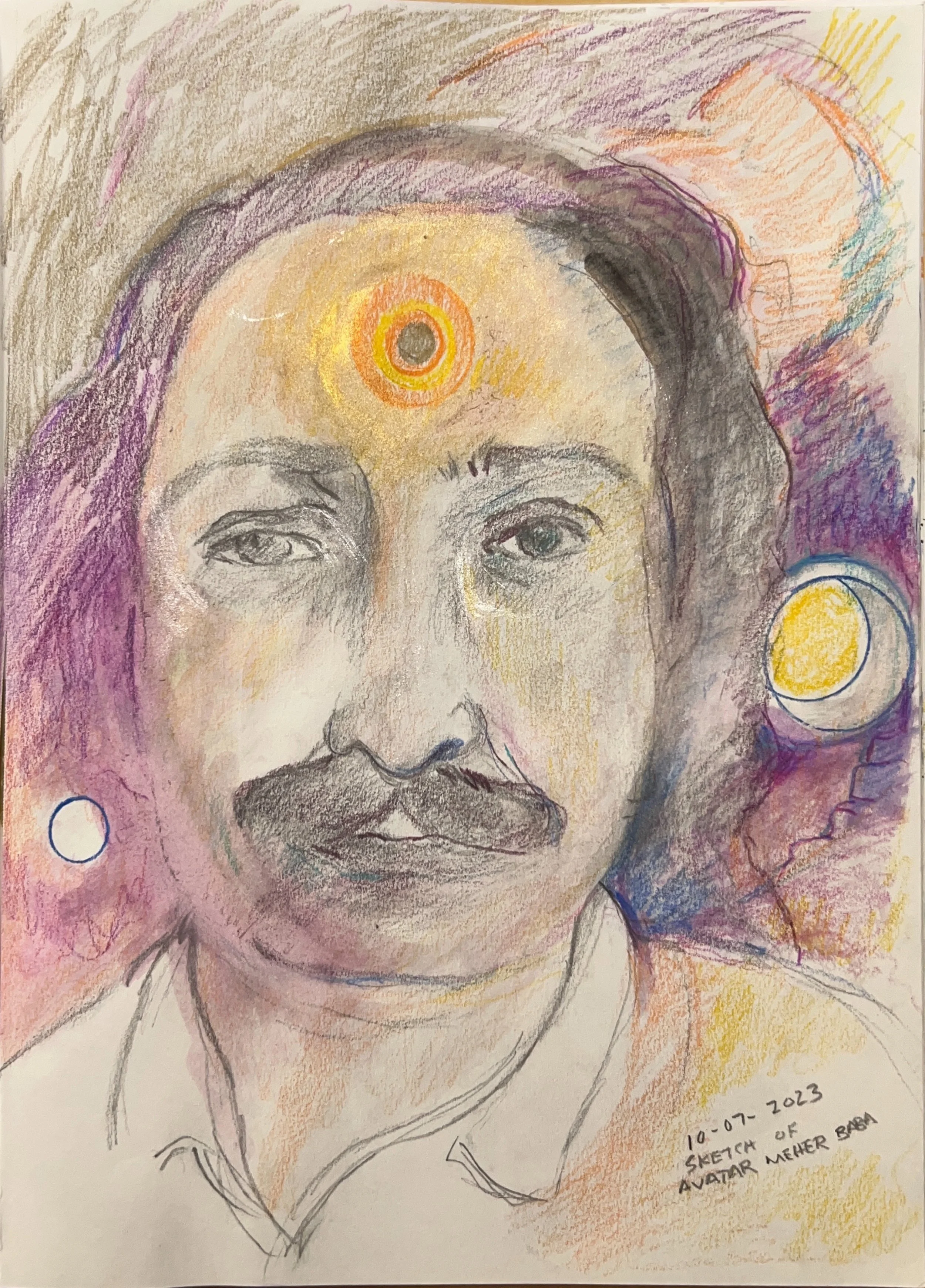 "Sketch of Avatar Meher Baba" 2023, Colored pencil & watercolor on paper