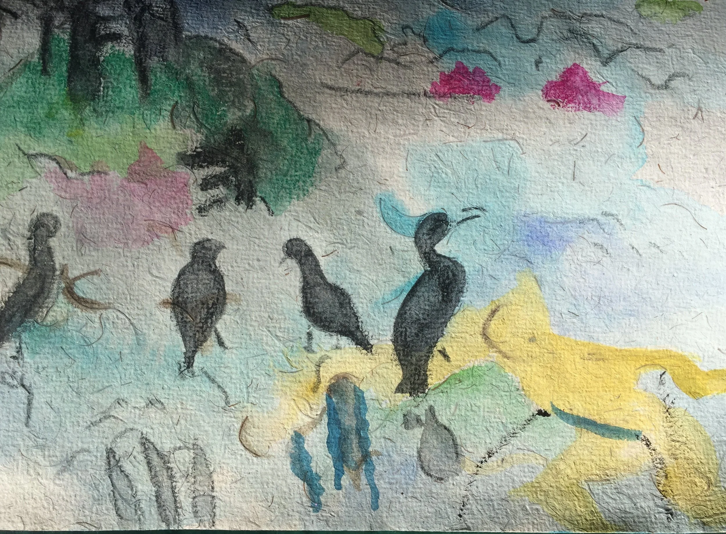 "Black Birds On Lake Long" 2021, Watercolor on handmade paper from India