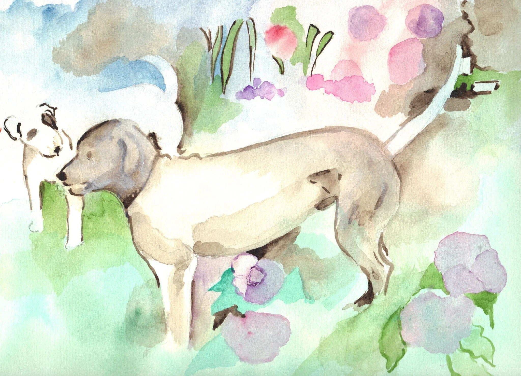"Betty and Piglet in the Yard" 2007, Watercolor on paper