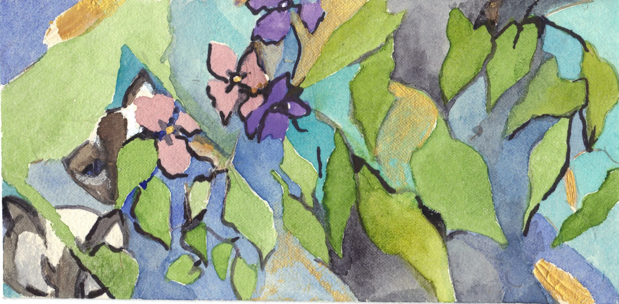 "Cat in the Bush" 2010, Watercolor on envelope