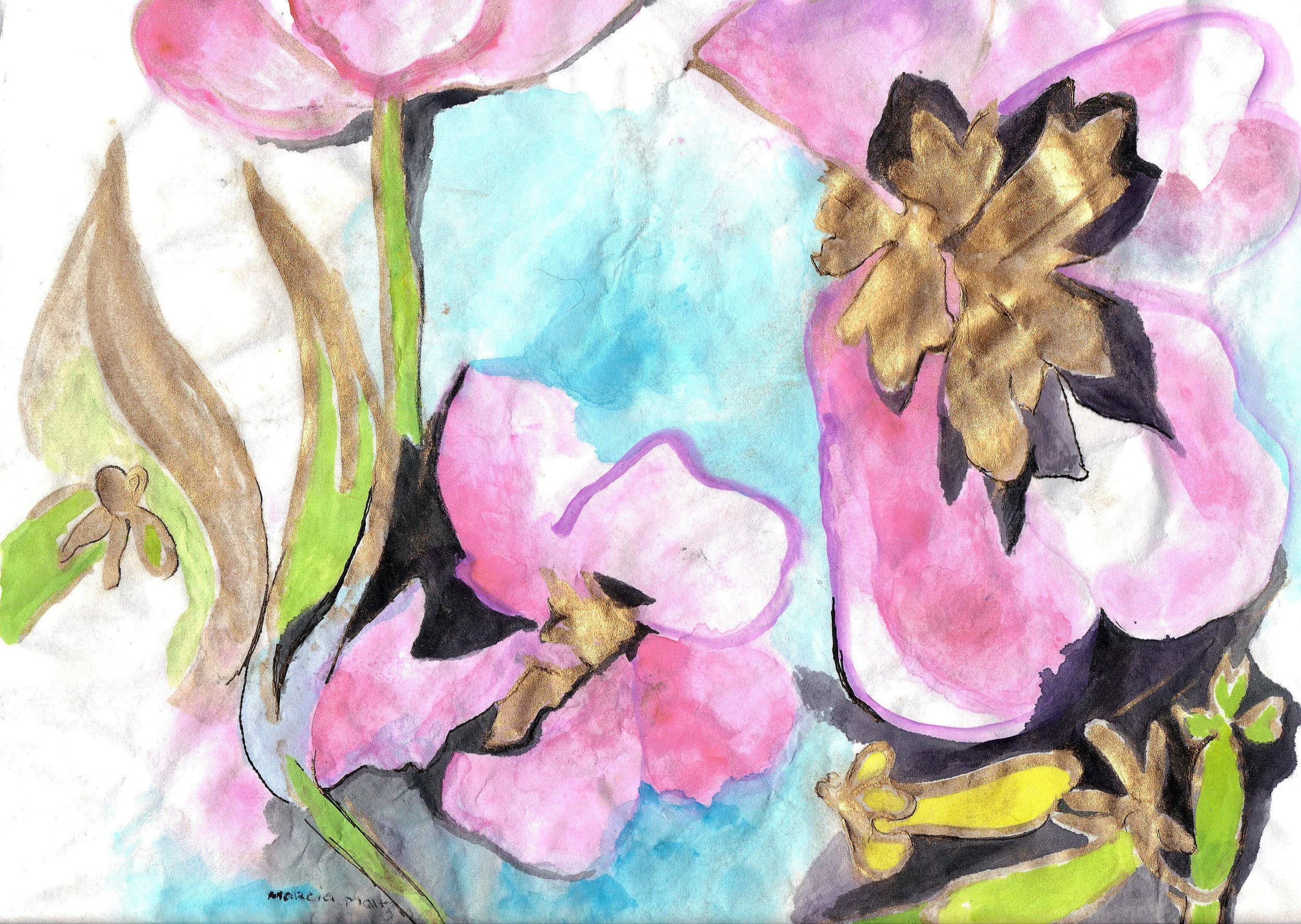 "Pink and Gold Flowers" 2011, Watercolor on paper