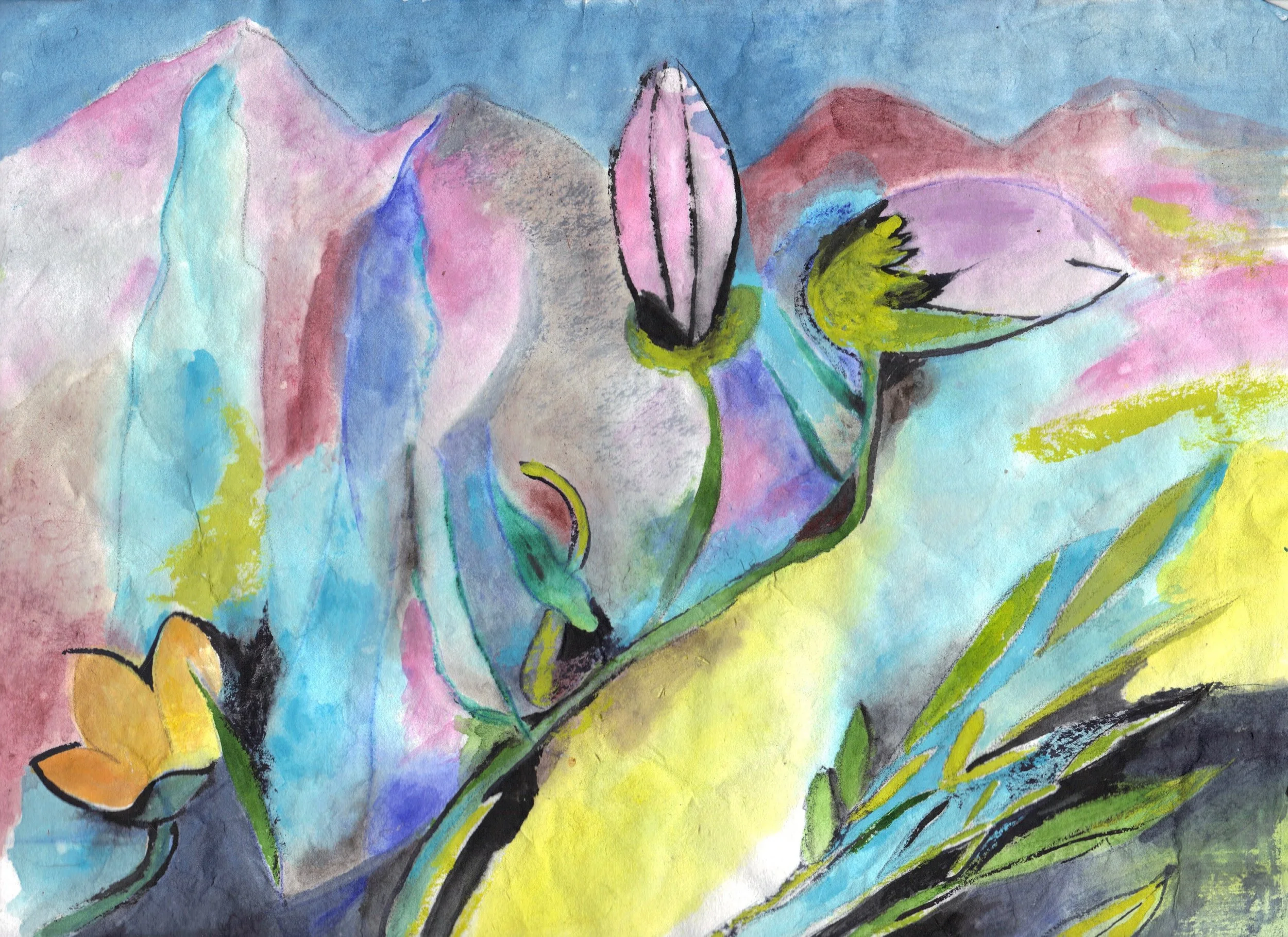 "Mountains and Flowers" 2010, Watercolor on rice paper