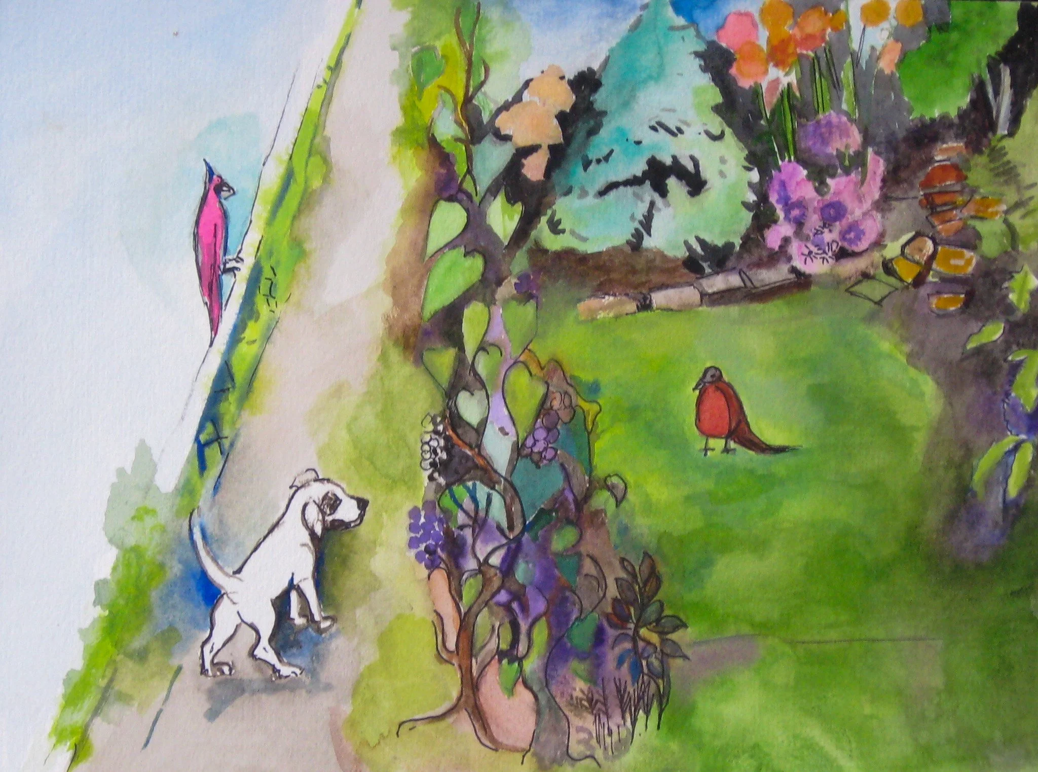 "Piglet In My Yard Watching the Robin" 2001, Watercolor on paper