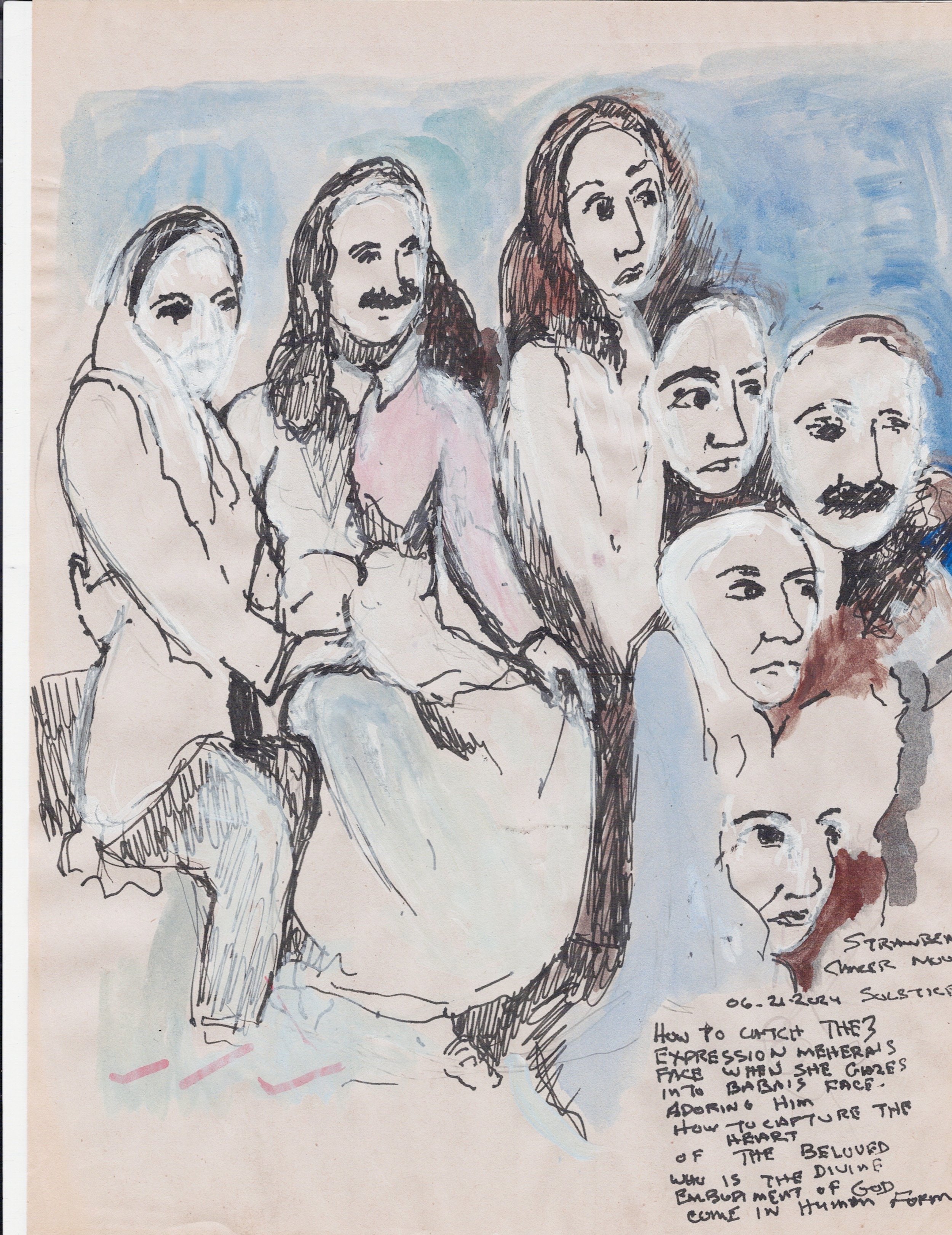 "Catching Mehera's Gaze at Baba" 2024, Pen, pencil, & colored pencil on paper