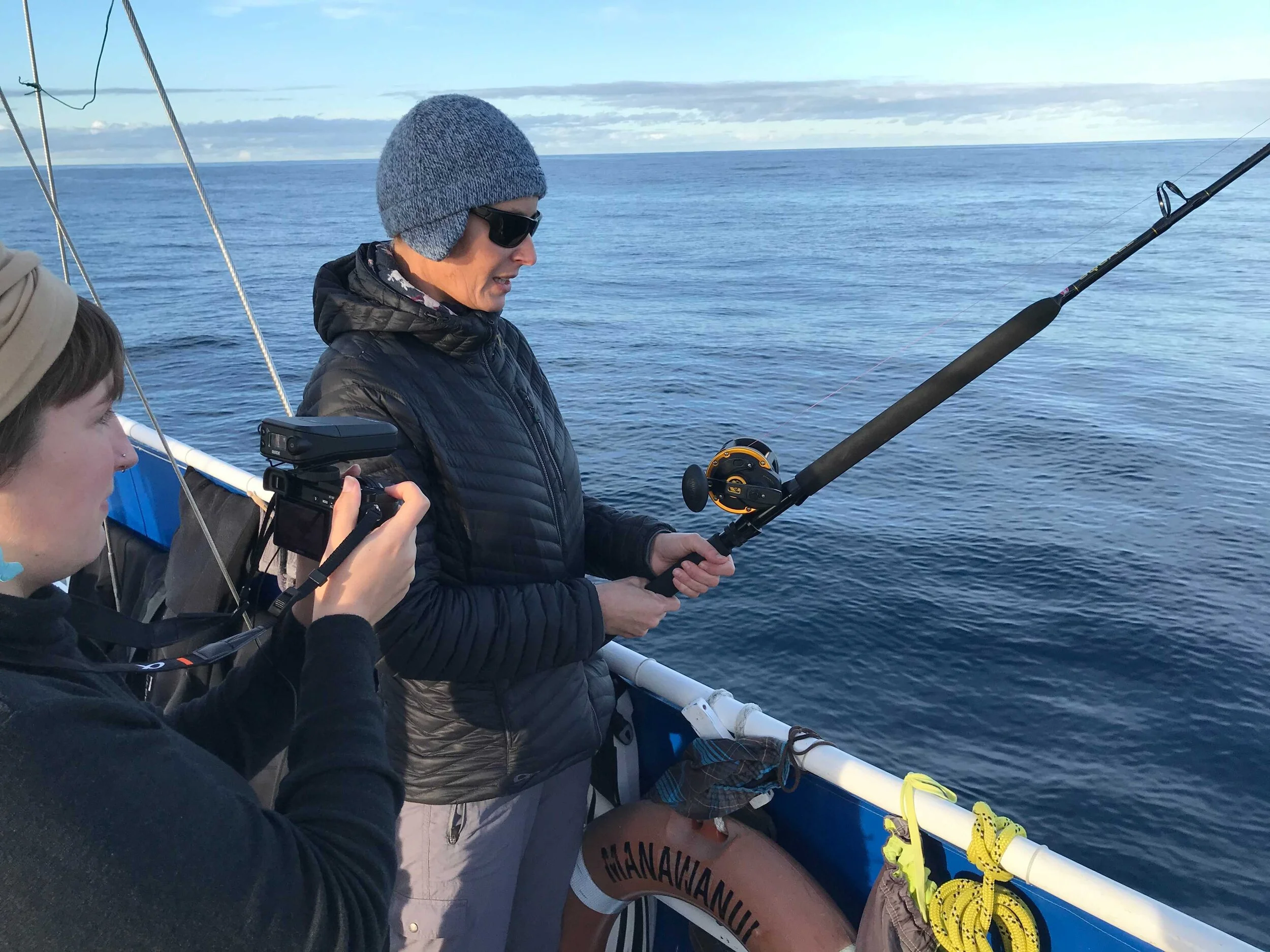 Dr Aitana Forcén-Vázquez deploying the Mangōpare sensor on a fishing rod.