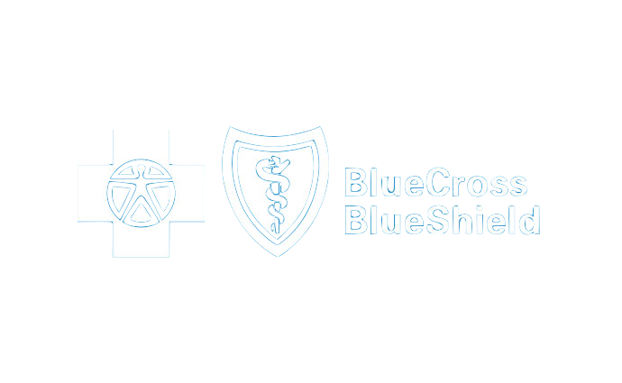 Logo featuring a white cross with a blue circle and star inside on the left, a shield with a medical snake and staff in the middle, and the text 'BlueCross BlueShield' in blue on the right, all on a black background.