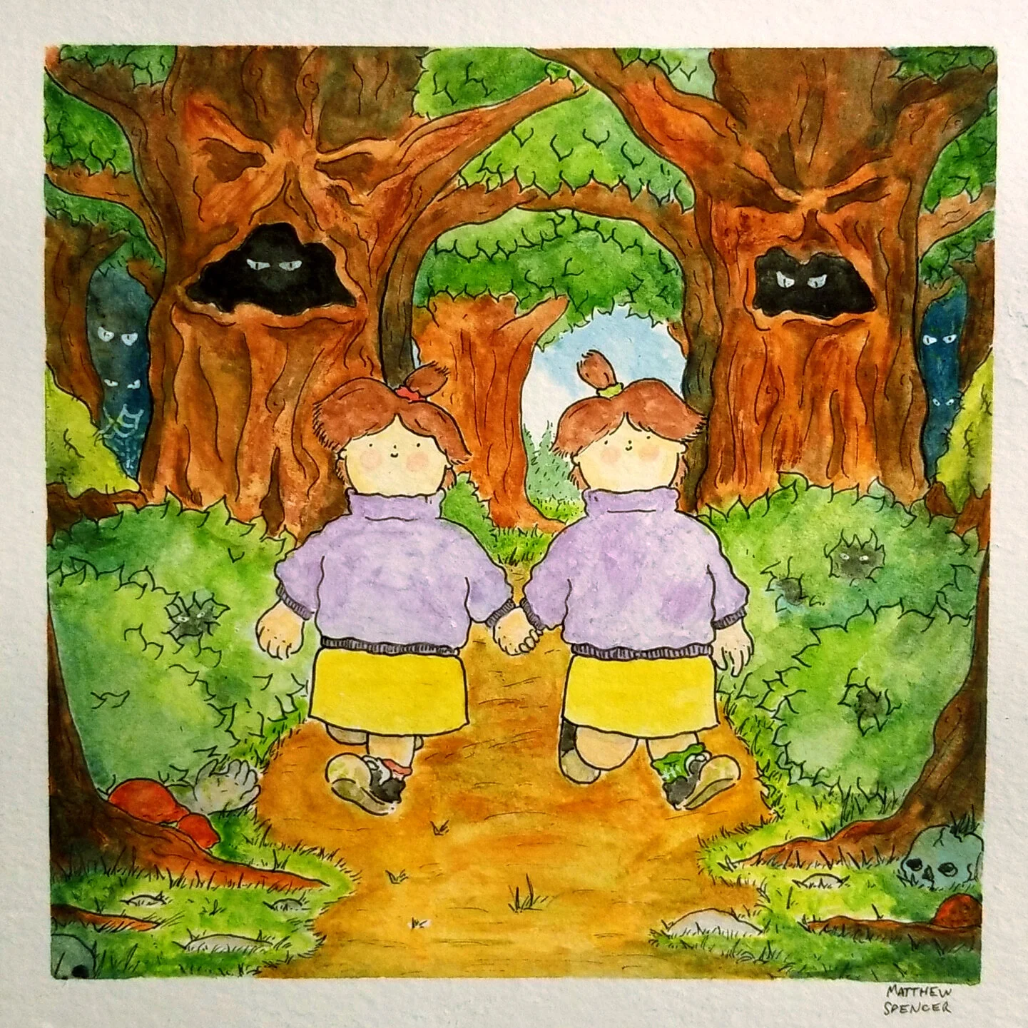 Hazel and Mabel In the Forest (2019, 5x5, Watercolor/Ink)